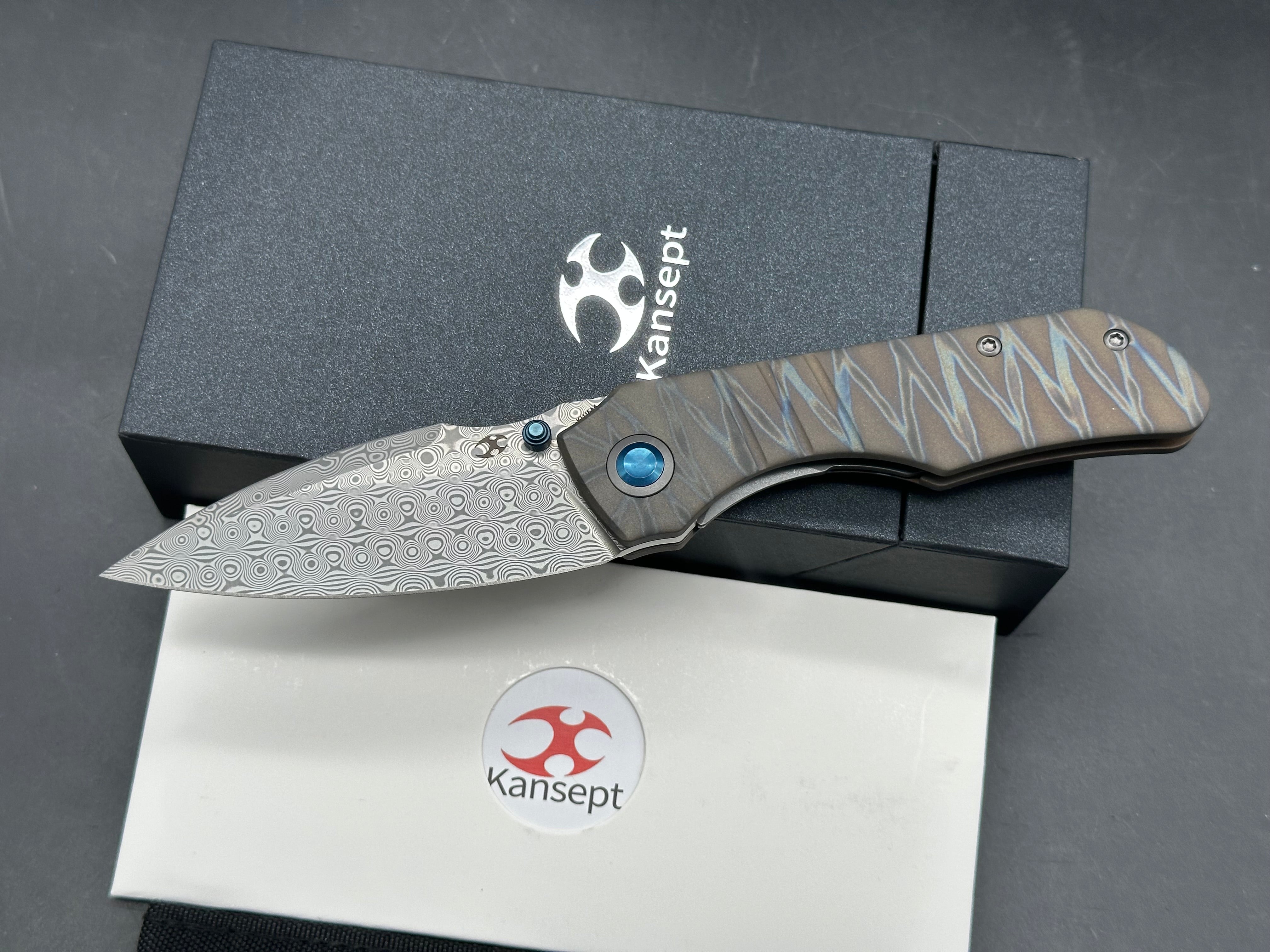 KANSEPT MINI LANZA TIGER STRIPE TITANIUM HANDLE DAMASCUS DROP POINT