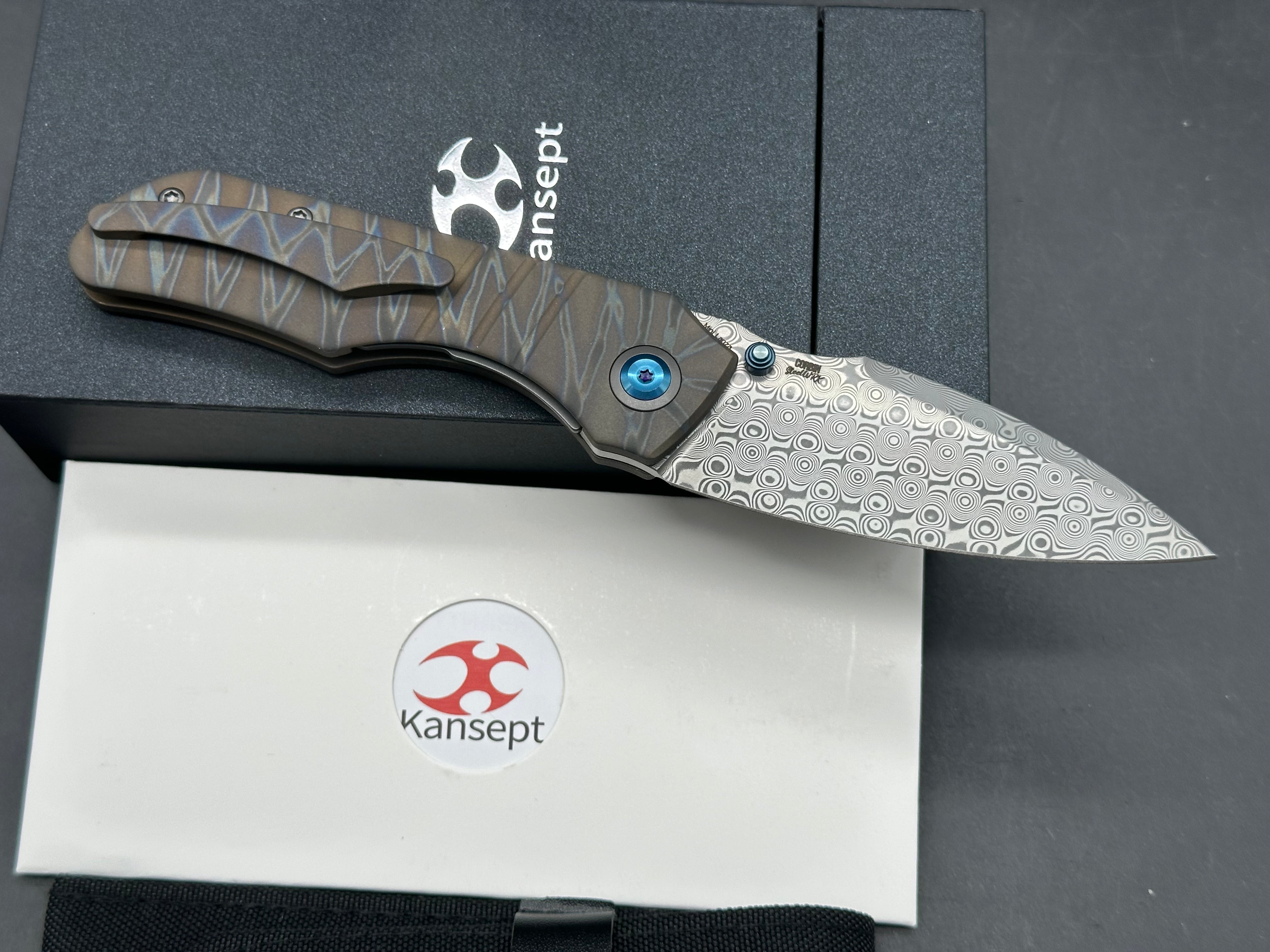 KANSEPT MINI LANZA TIGER STRIPE TITANIUM HANDLE DAMASCUS DROP POINT