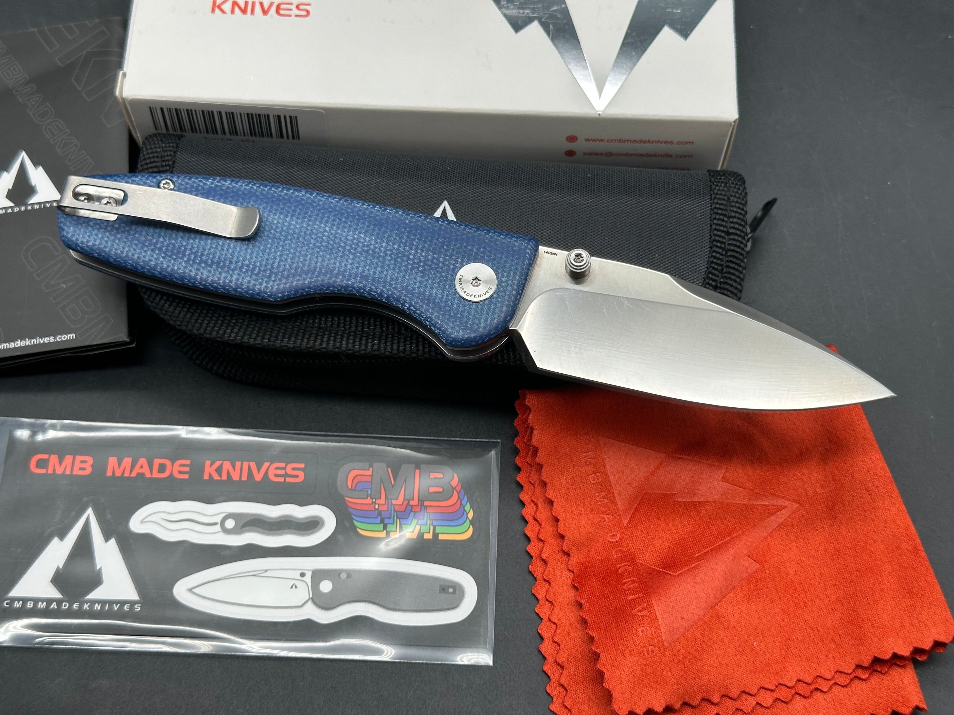 CMB PREDATOR V3 FOLDING KNIFE BLUE MICARTA HANDLE 14C28N PLAIN EDGE SATIN FINISH