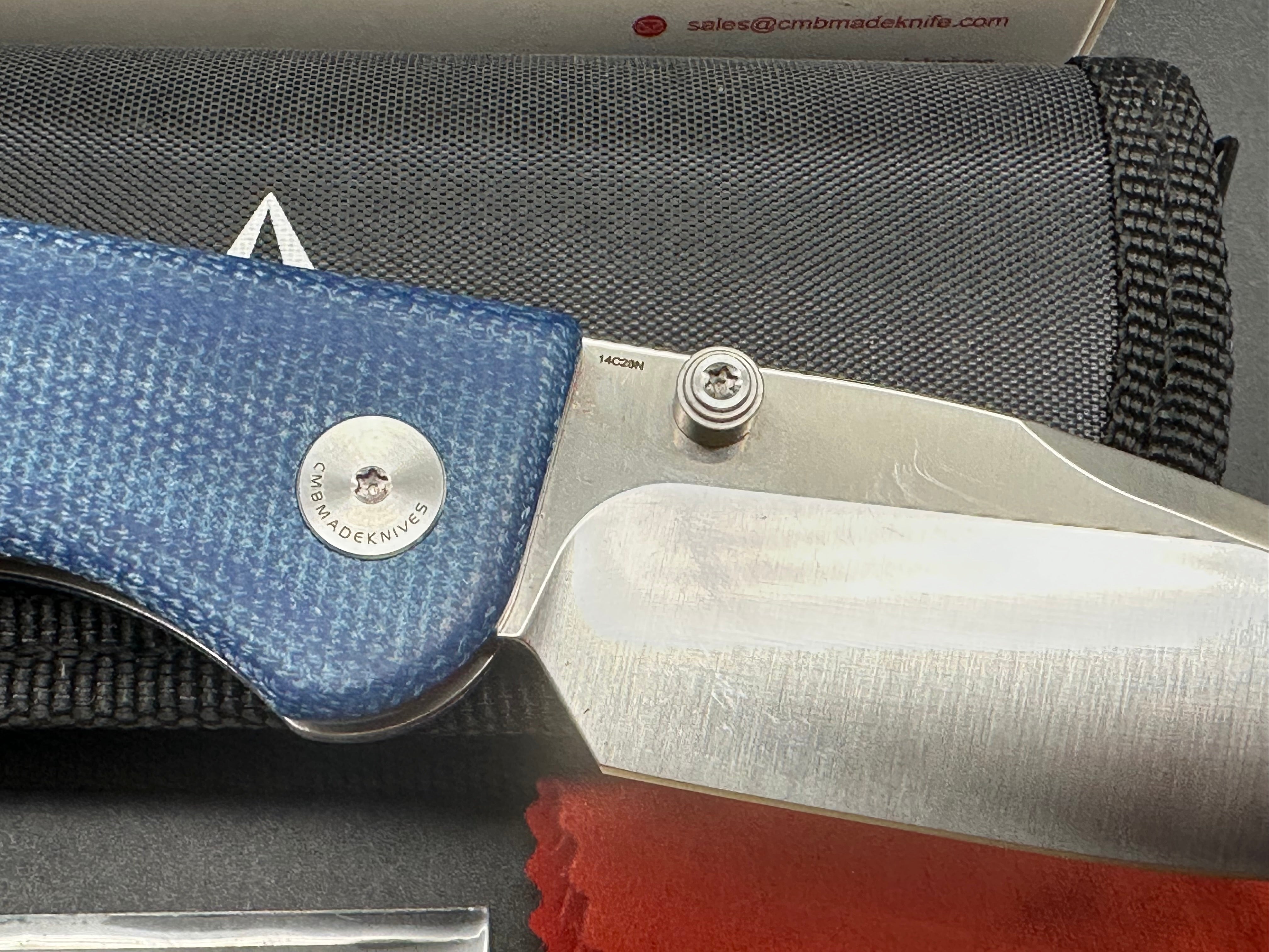 CMB PREDATOR V3 FOLDING KNIFE BLUE MICARTA HANDLE 14C28N PLAIN EDGE SATIN FINISH