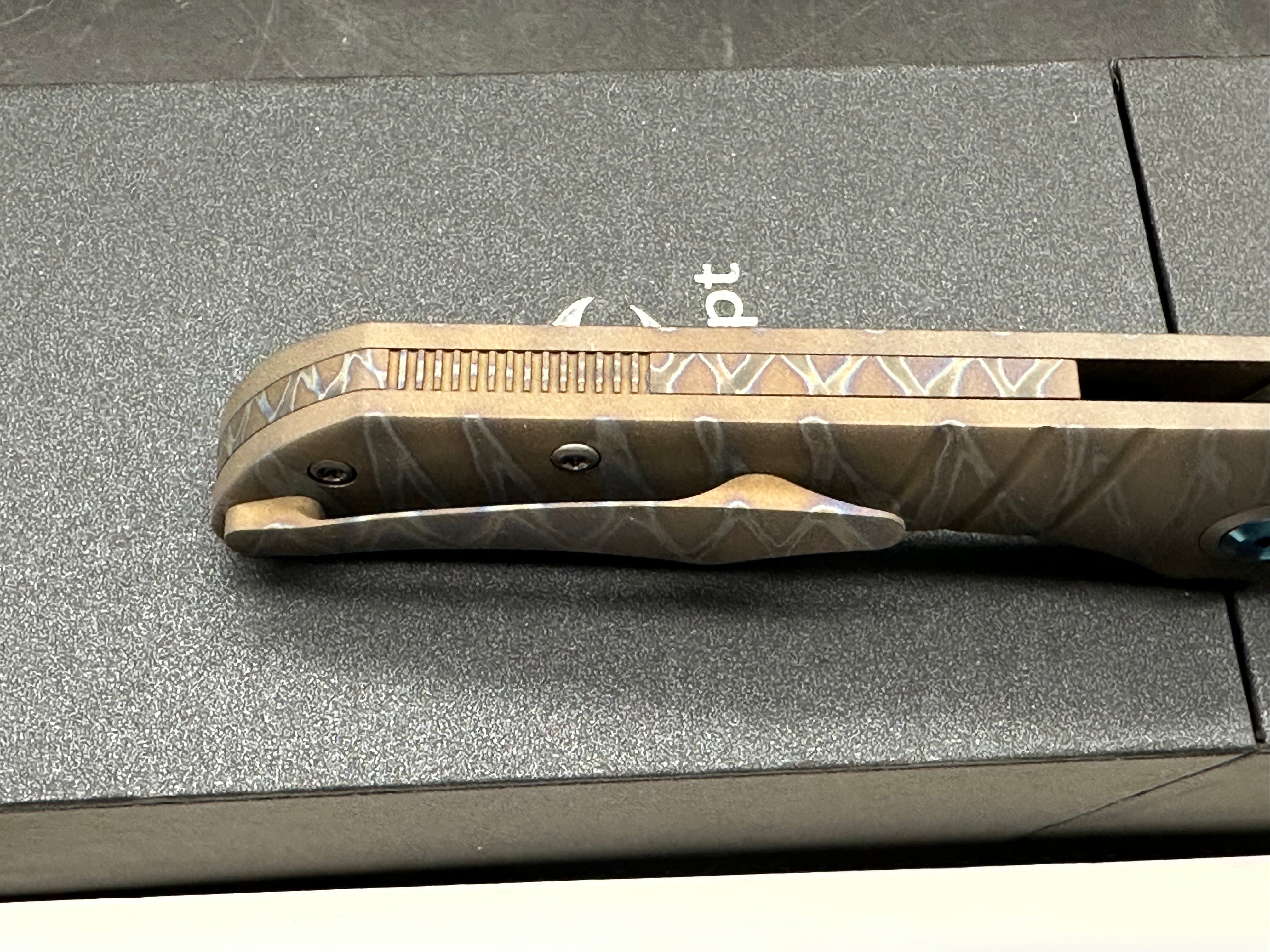 KANSEPT MINI LANZA TIGER STRIPE TITANIUM HANDLE DAMASCUS DROP POINT