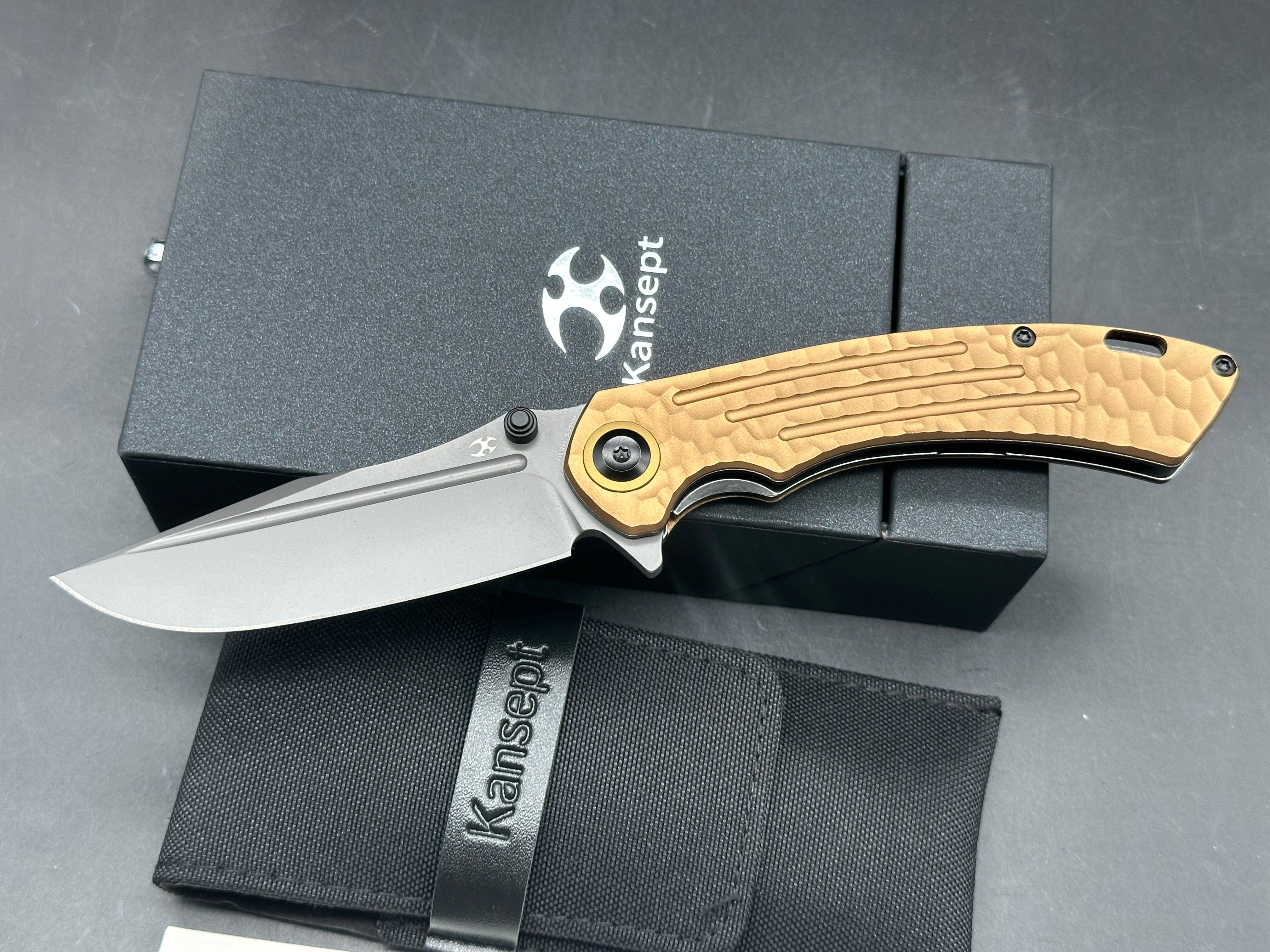 KANSEPT PRETATOUT GOLDEN ALUMINUM WITH ROCK TEXTURE 3.56" CPM S35VN BLADE