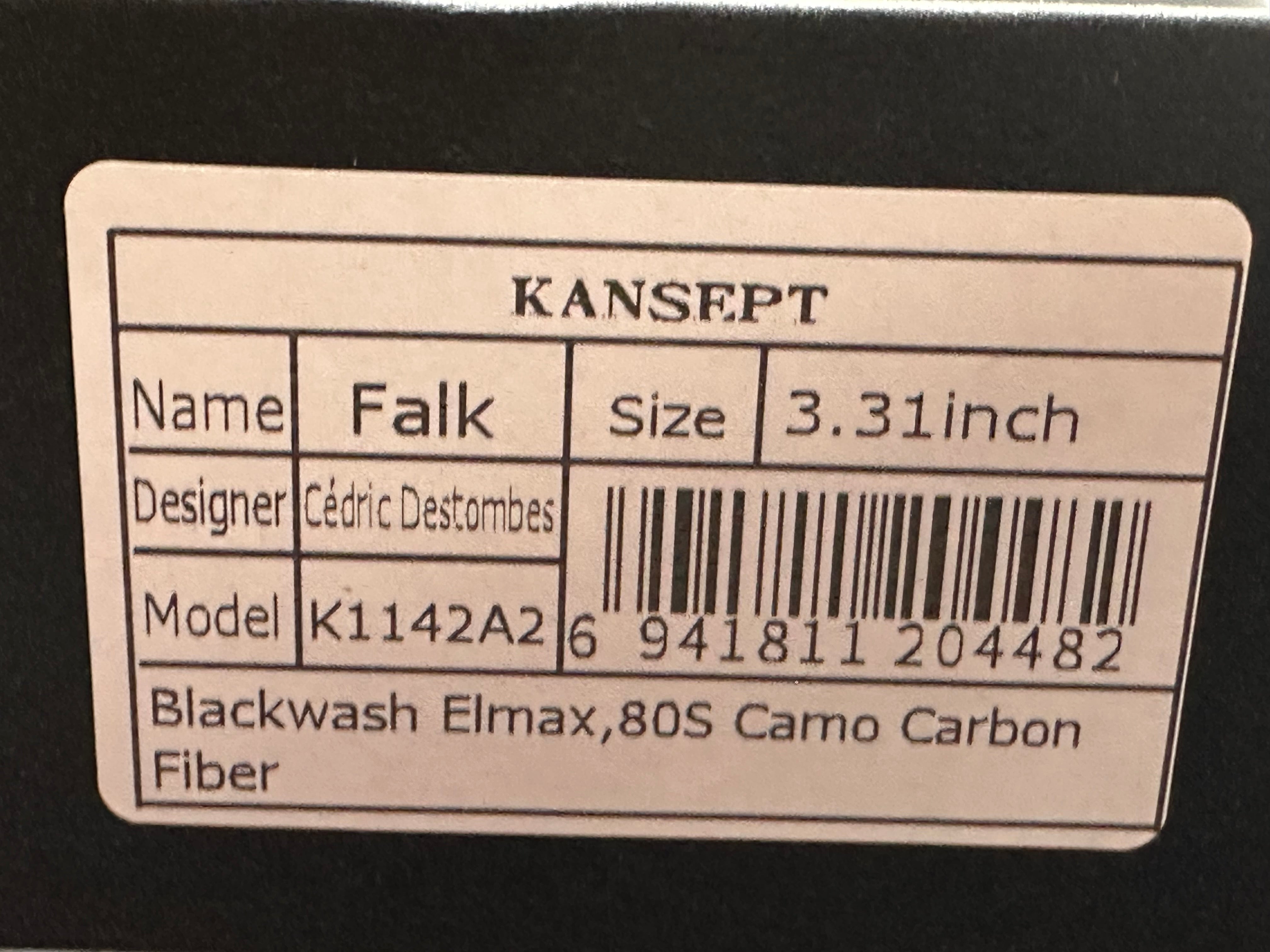 KANSEPT FALK FOLDING KNIFE 80'S CAMOCARBON HANDLE 3.3" BLACKWASH ELMAX BLADE