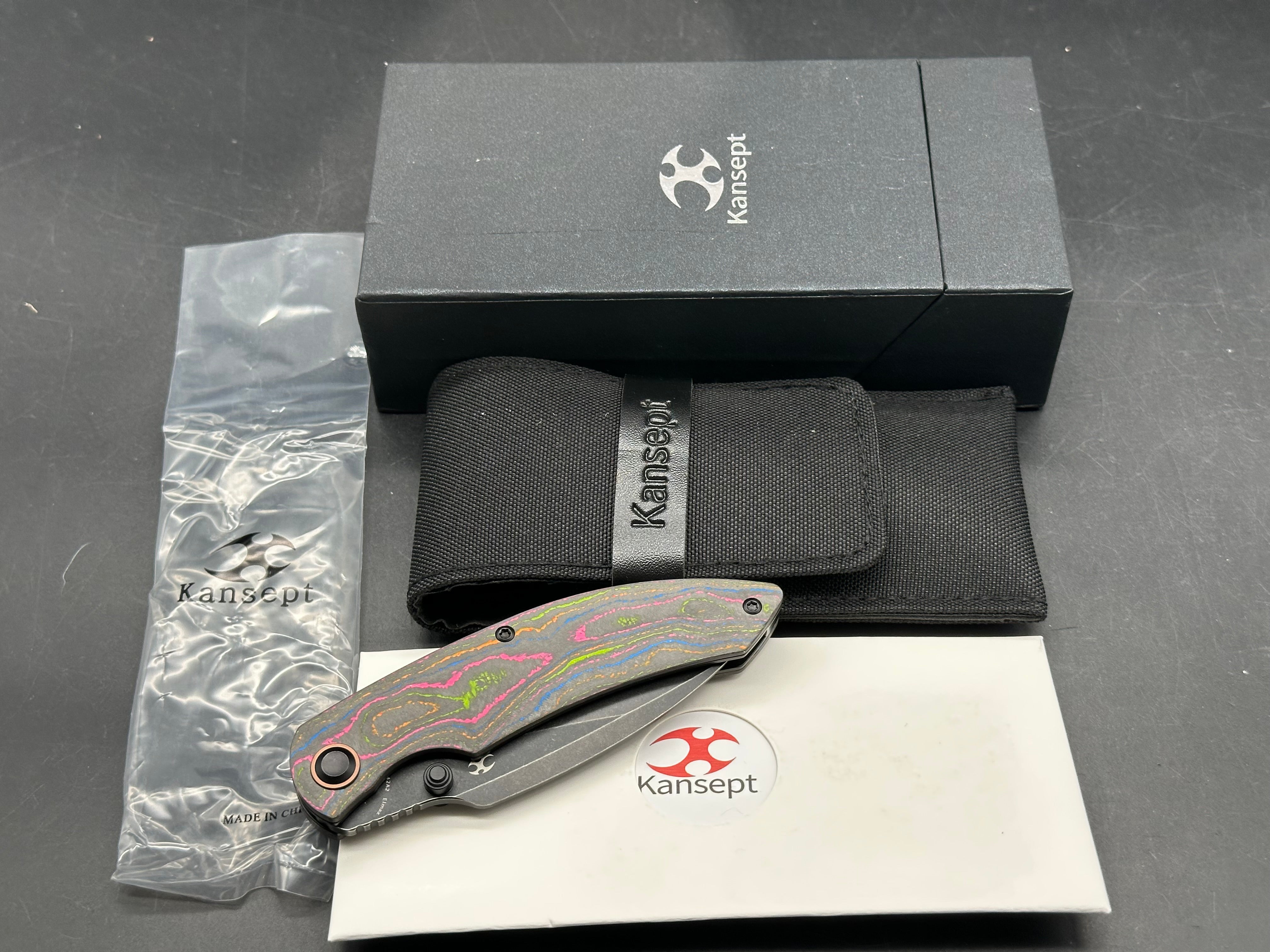 KANSEPT FALK FOLDING KNIFE 80'S CAMOCARBON HANDLE 3.3" BLACKWASH ELMAX BLADE