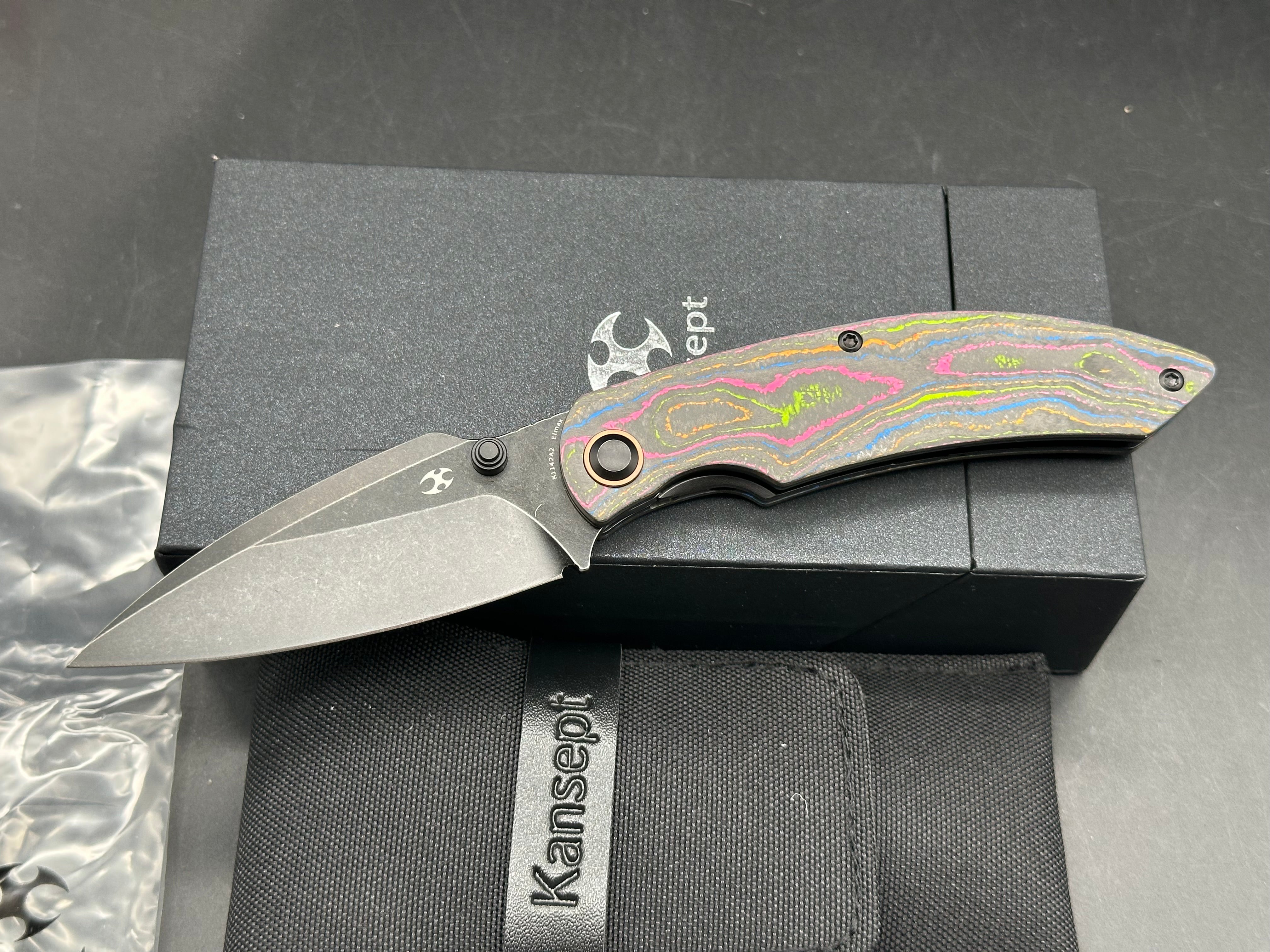 KANSEPT FALK FOLDING KNIFE 80'S CAMOCARBON HANDLE 3.3" BLACKWASH ELMAX BLADE