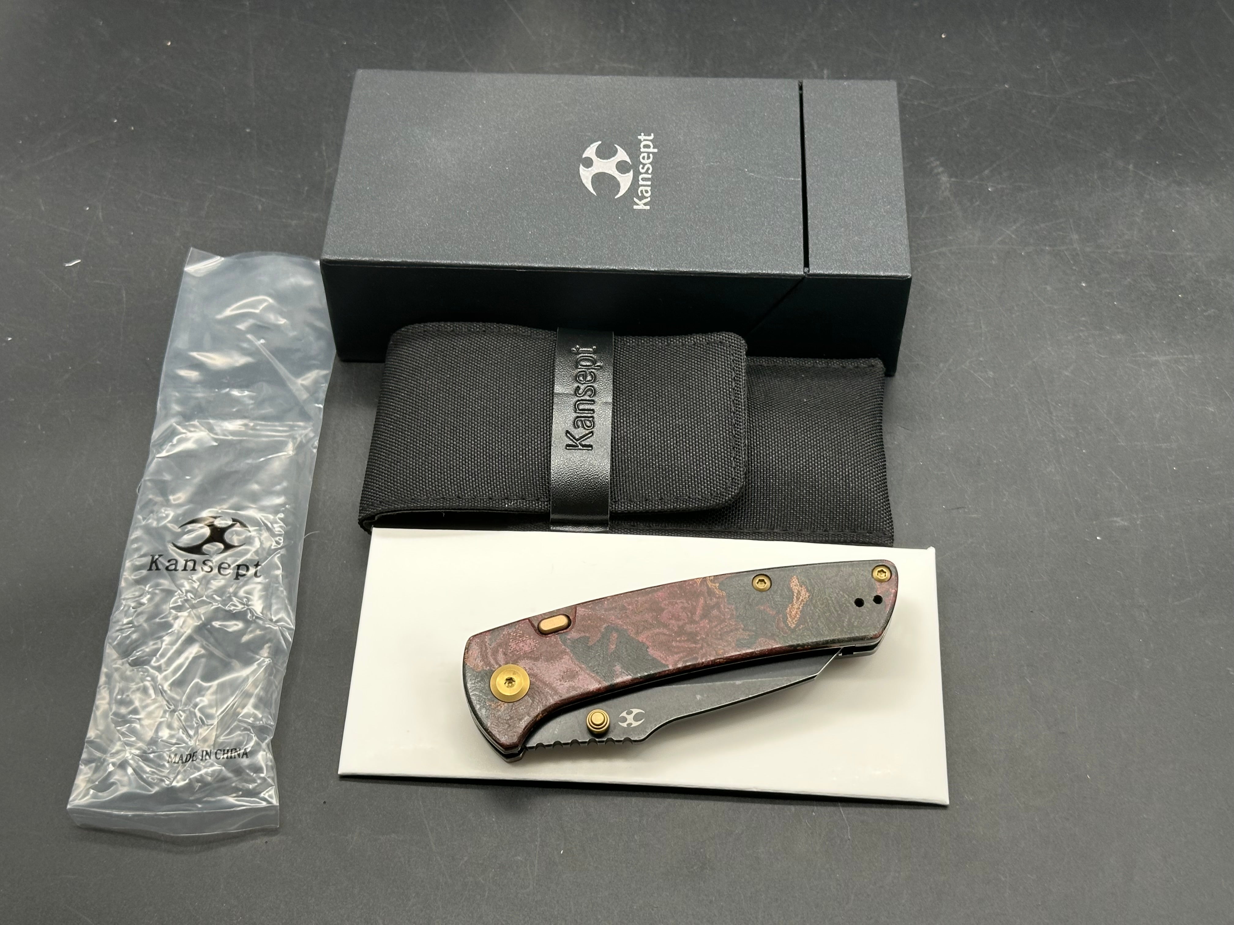 KANSEPT MAIN STREET FOLDING KNIFE RED RAG BURL MICARTA HANDLE ELMAX WHARNCLIFFE PLAIN EDGE BLACKWASH FINISH