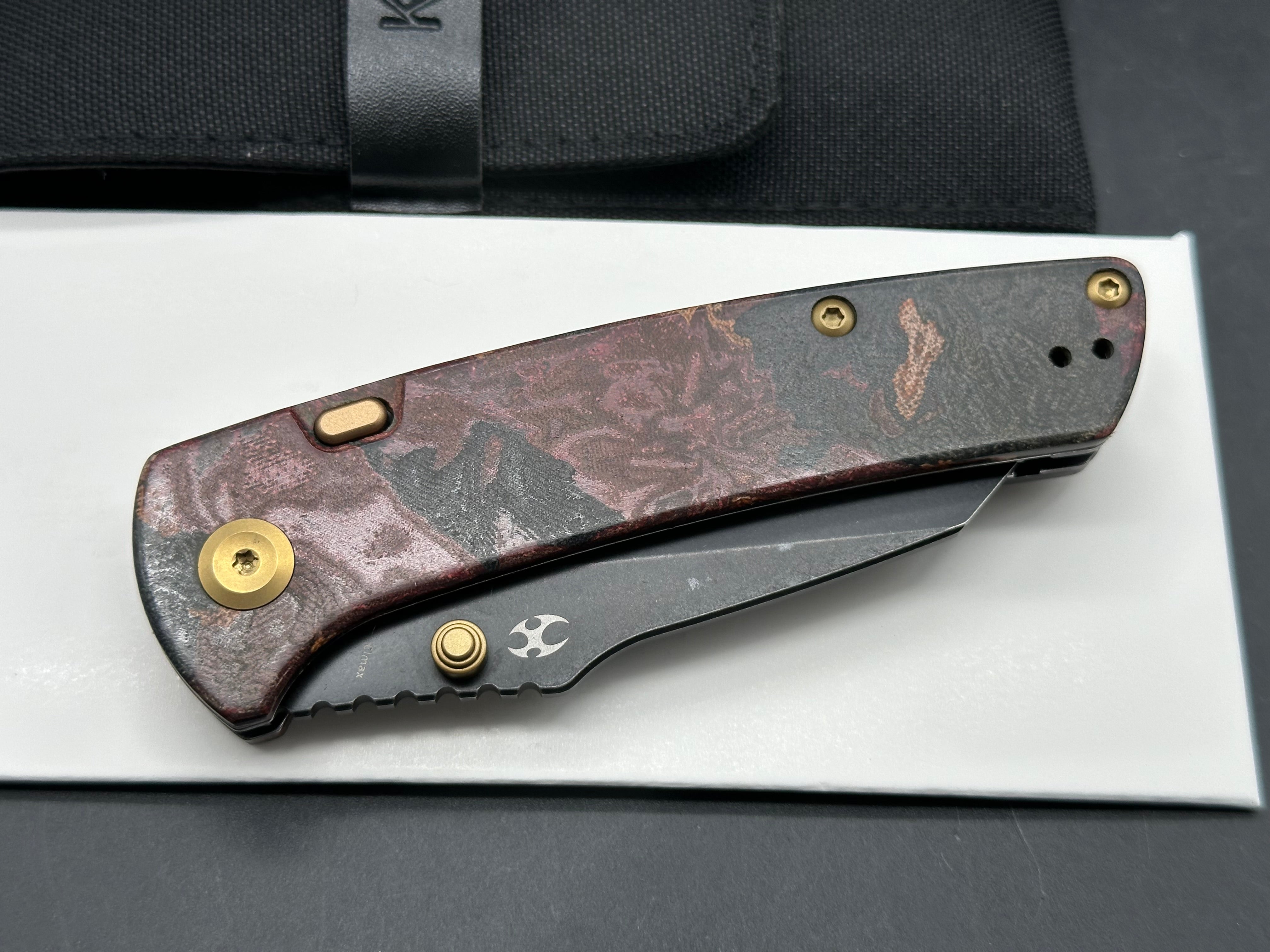 KANSEPT MAIN STREET FOLDING KNIFE RED RAG BURL MICARTA HANDLE ELMAX WHARNCLIFFE PLAIN EDGE BLACKWASH FINISH