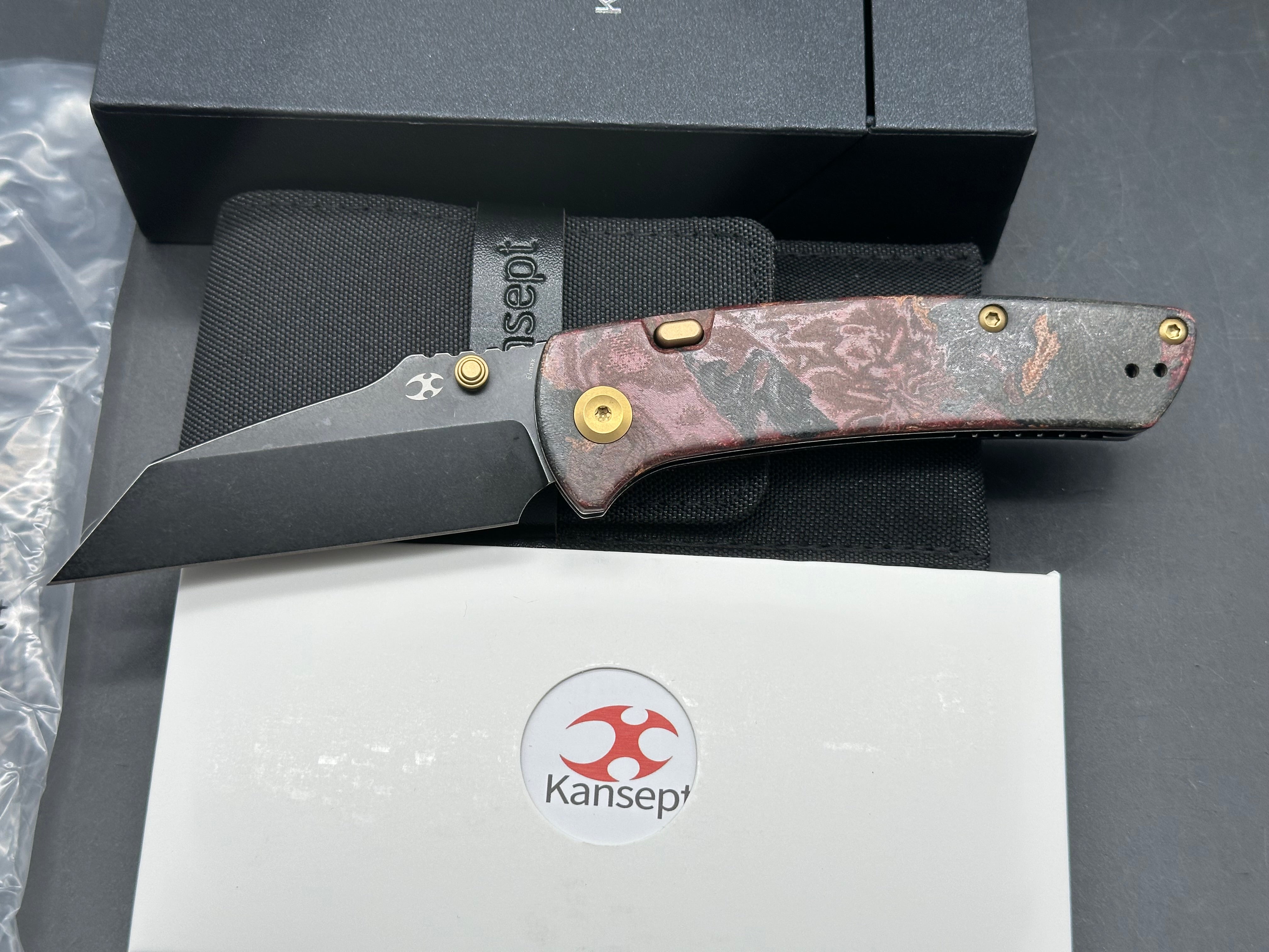 KANSEPT MAIN STREET FOLDING KNIFE RED RAG BURL MICARTA HANDLE ELMAX WHARNCLIFFE PLAIN EDGE BLACKWASH FINISH