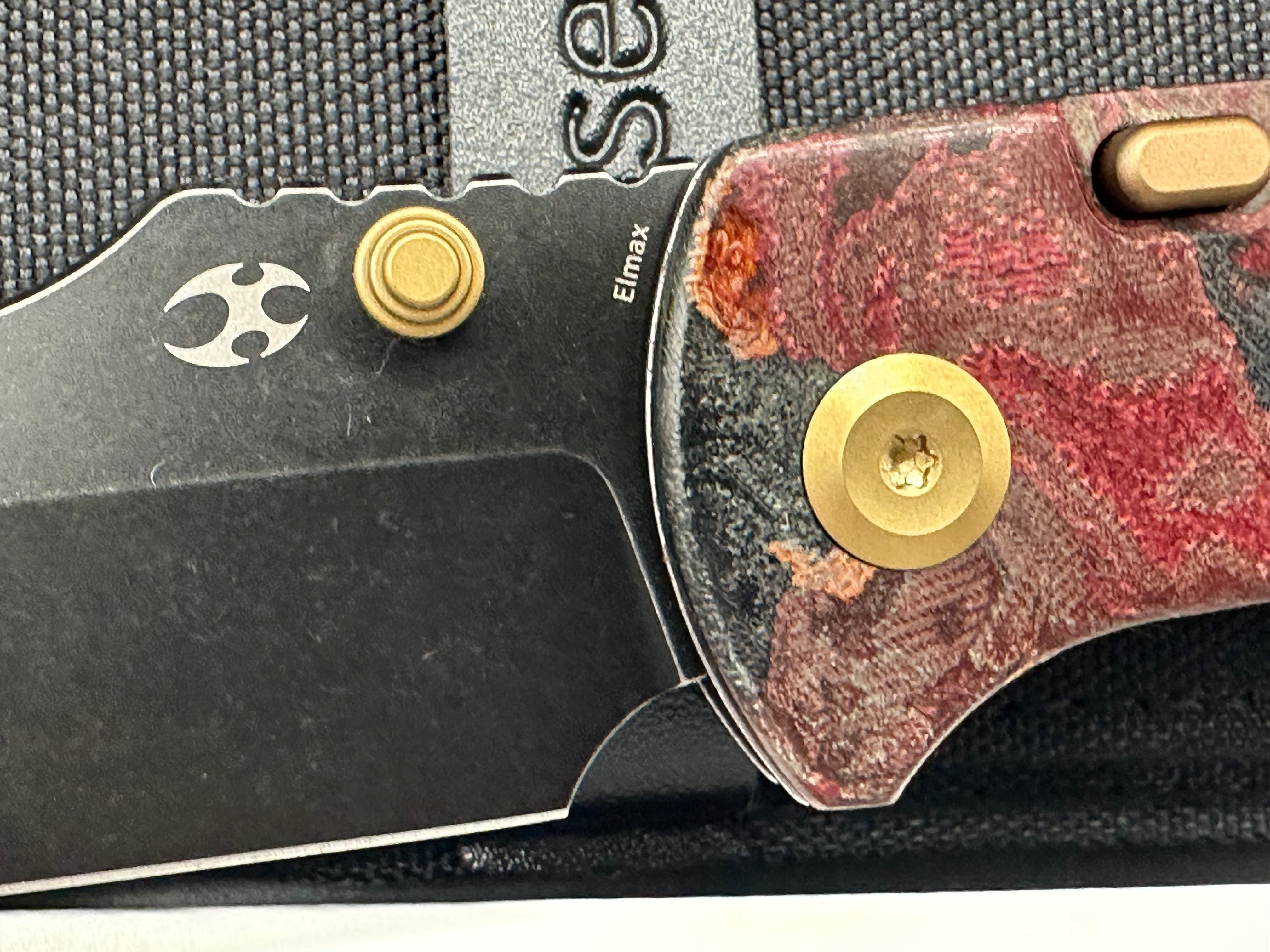 KANSEPT MAIN STREET FOLDING KNIFE RED RAG BURL MICARTA HANDLE ELMAX WHARNCLIFFE PLAIN EDGE BLACKWASH FINISH