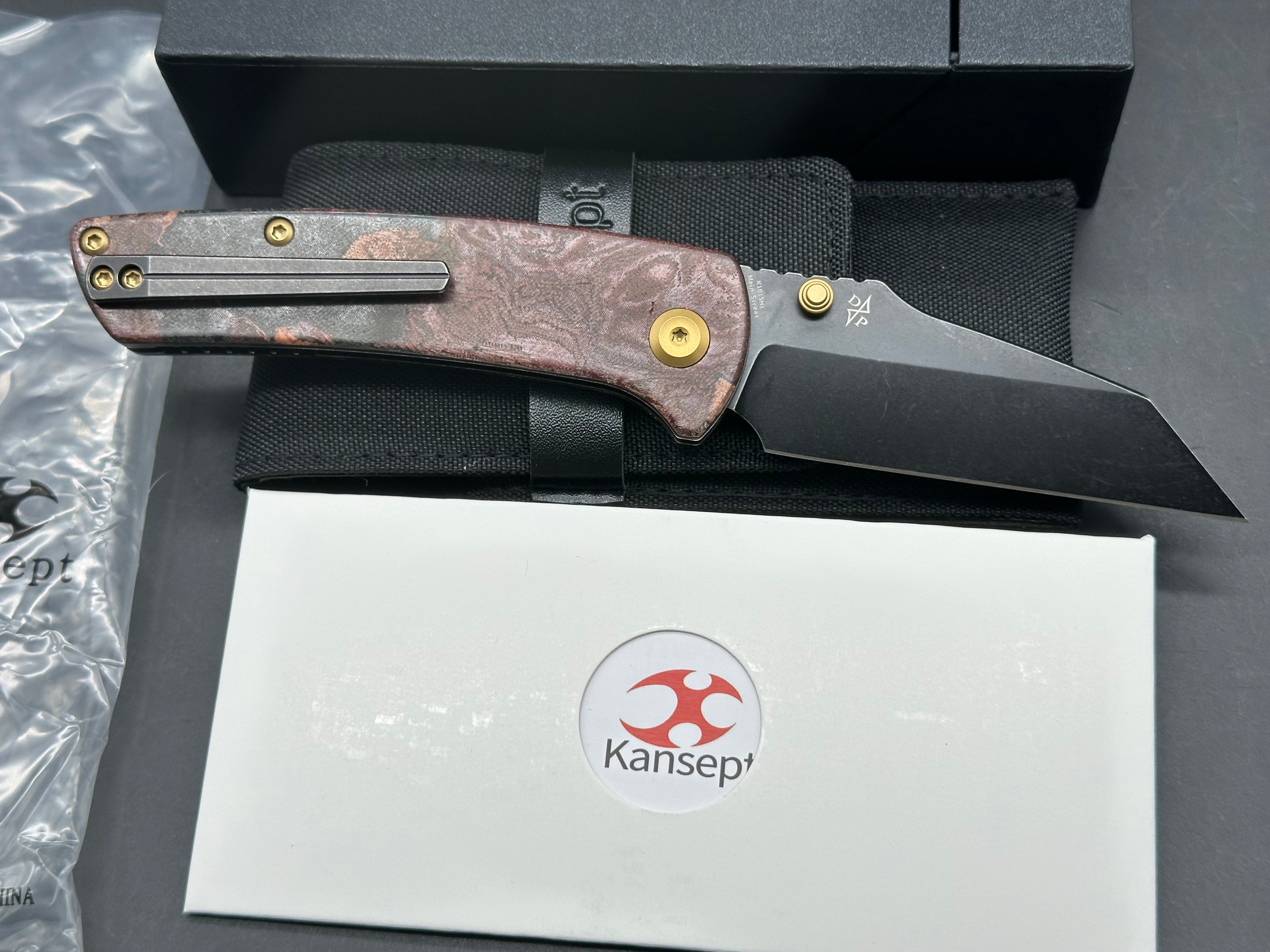 KANSEPT MAIN STREET FOLDING KNIFE RED RAG BURL MICARTA HANDLE ELMAX WHARNCLIFFE PLAIN EDGE BLACKWASH FINISH