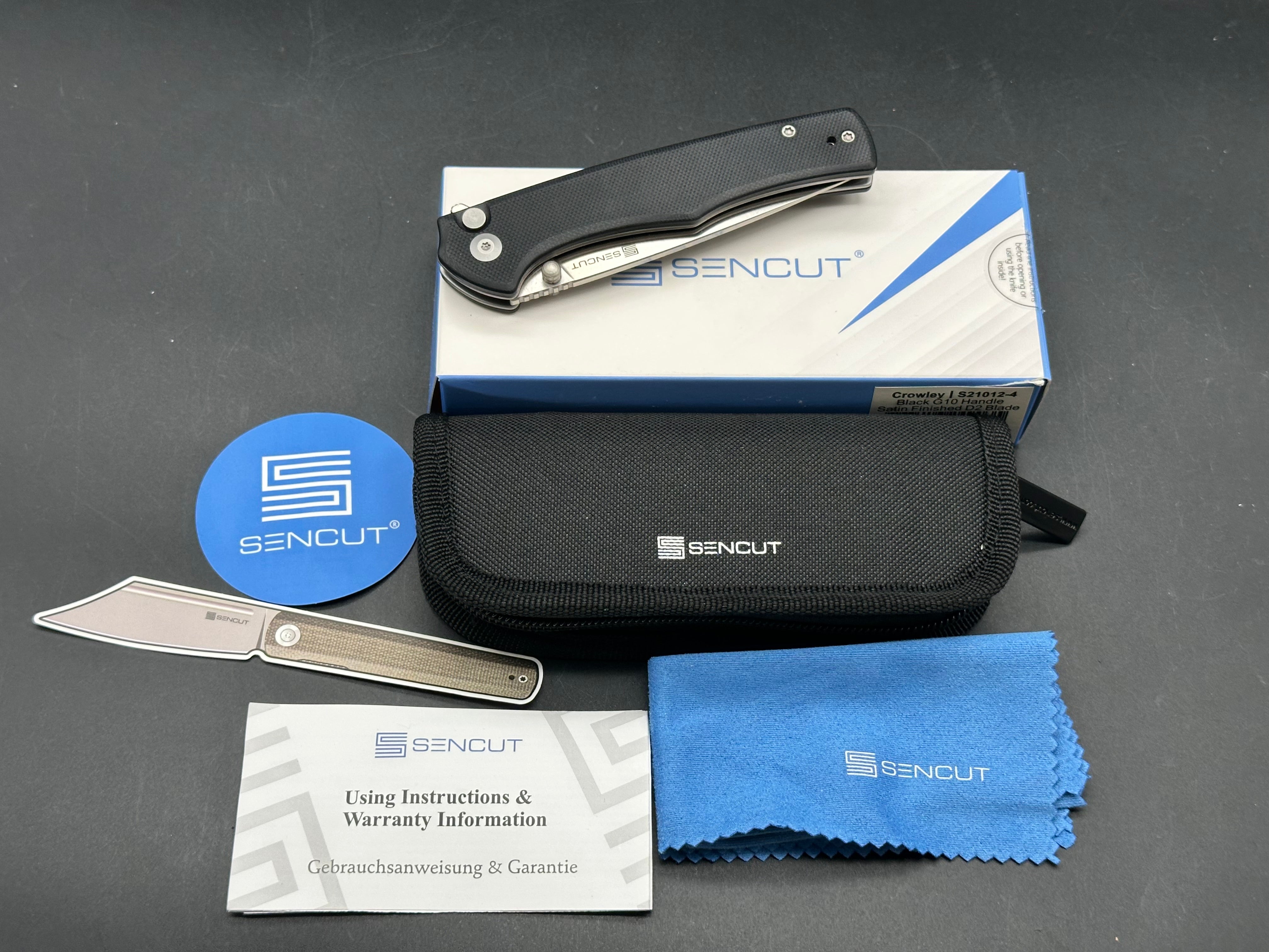 SENCUT Crowley Button Lock Knife Black G-10 (3.48" Satin)D2 blade