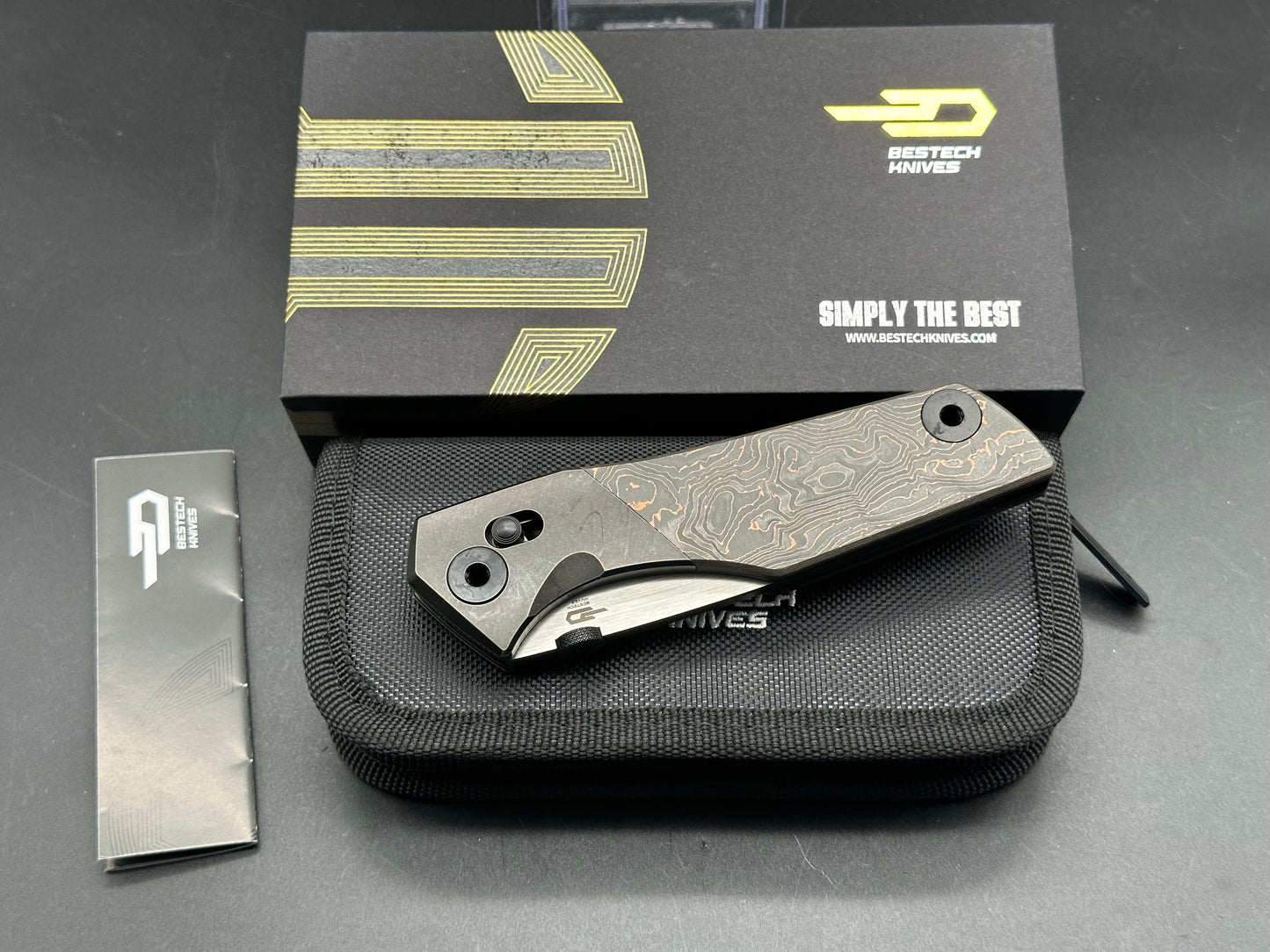 Bestech Poltergeist Works Cetus/Copper Foil Handle w/Bronze Ti Bolster Two-Tone Satin+DLC Black M390