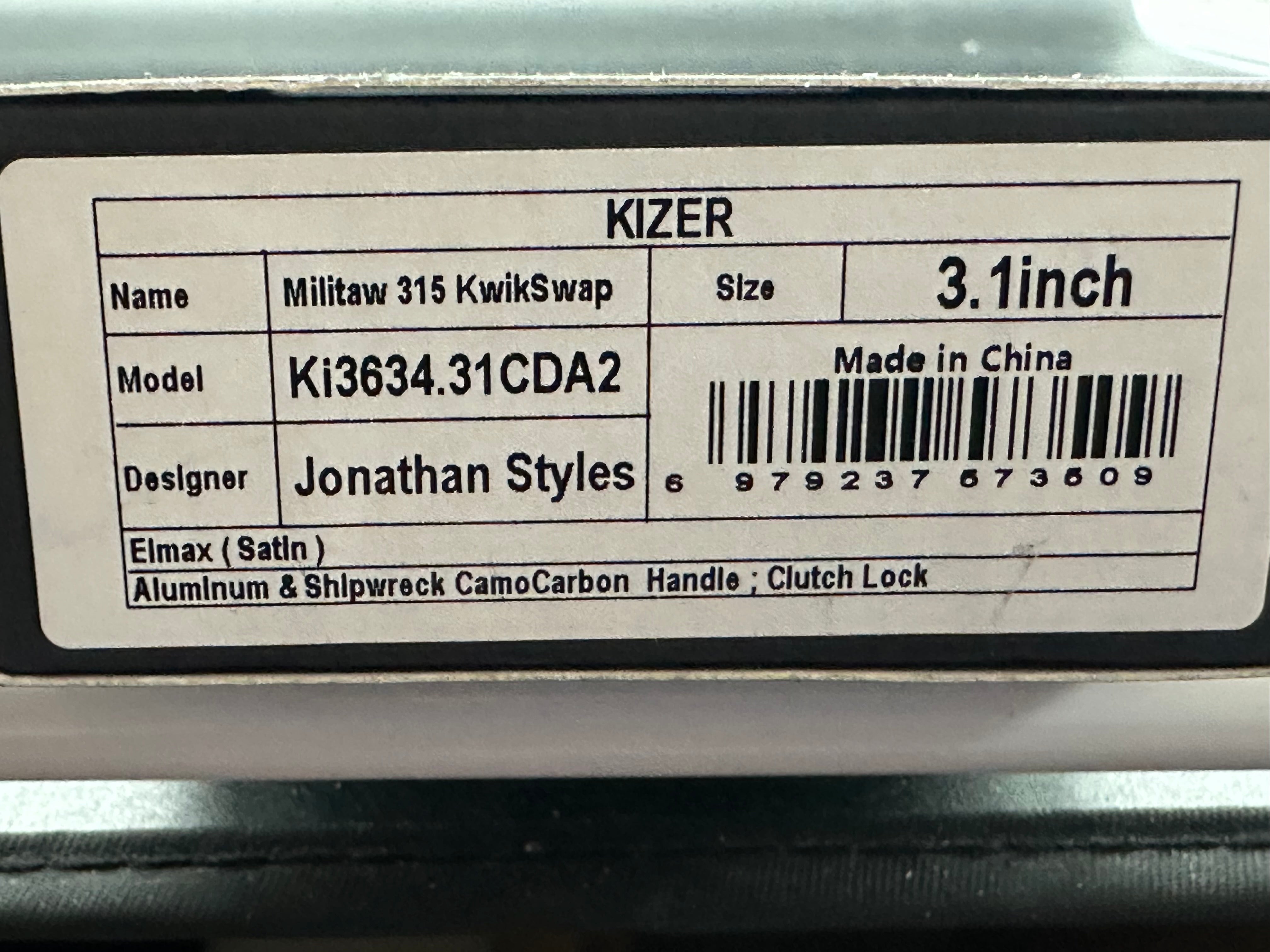 KIZER MILITAW 315 ALUMINUM/SHIPWRECK CAMOCARBON HANDLE ELMAX DROP POINT PLAIN EDGE