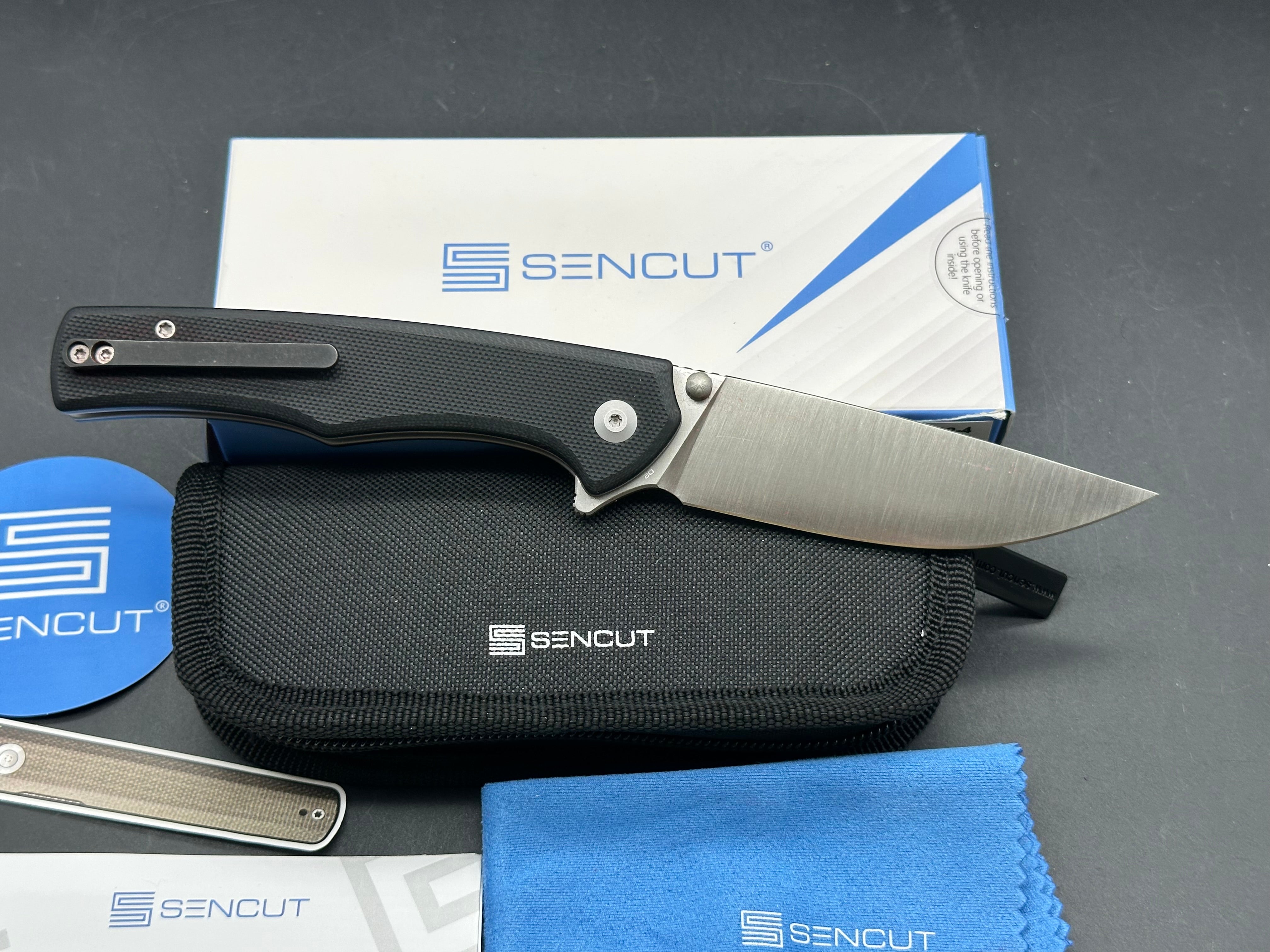 SENCUT Crowley Button Lock Knife Black G-10 (3.48" Satin)D2 blade