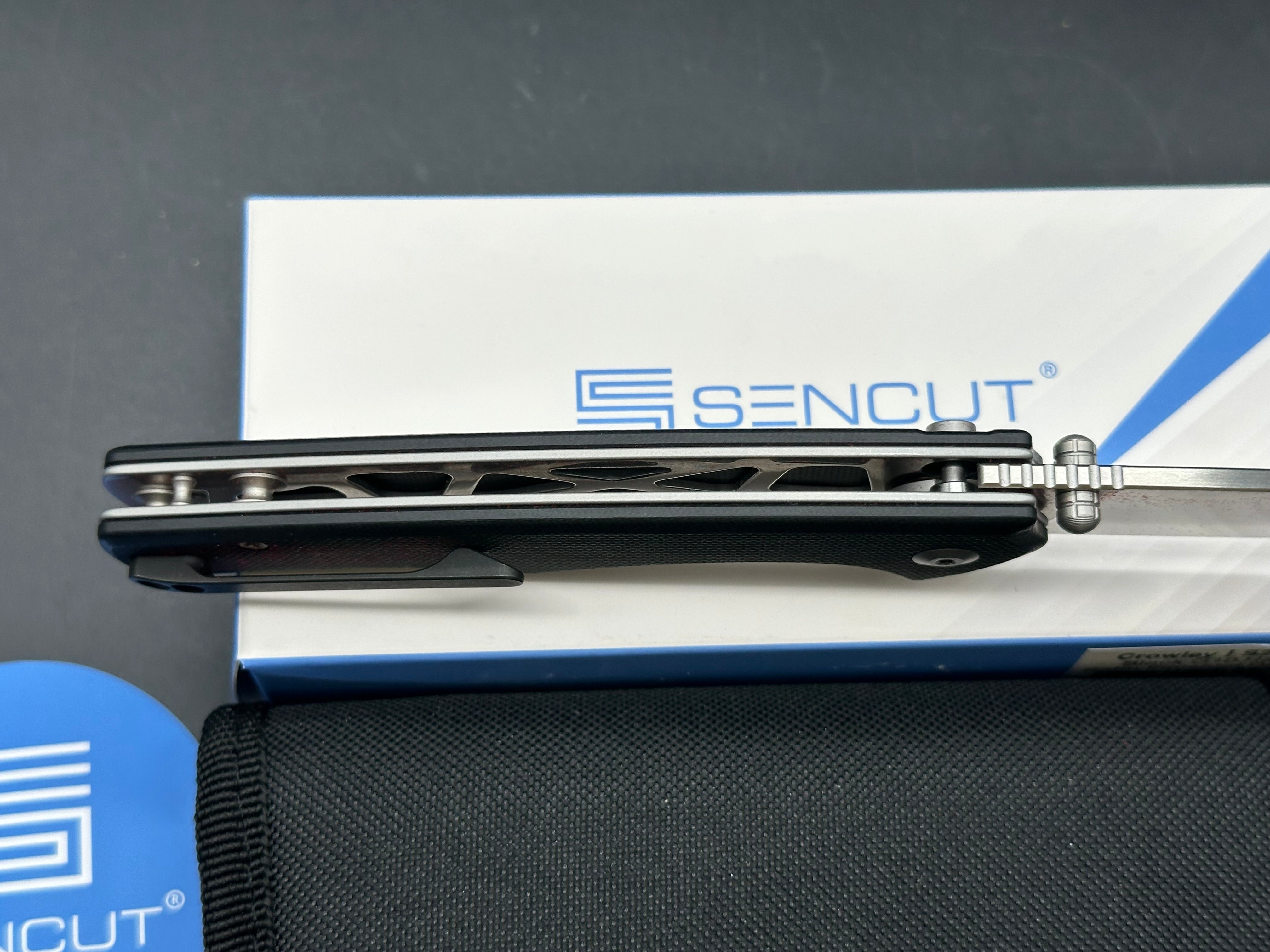 SENCUT Crowley Button Lock Knife Black G-10 (3.48" Satin)D2 blade