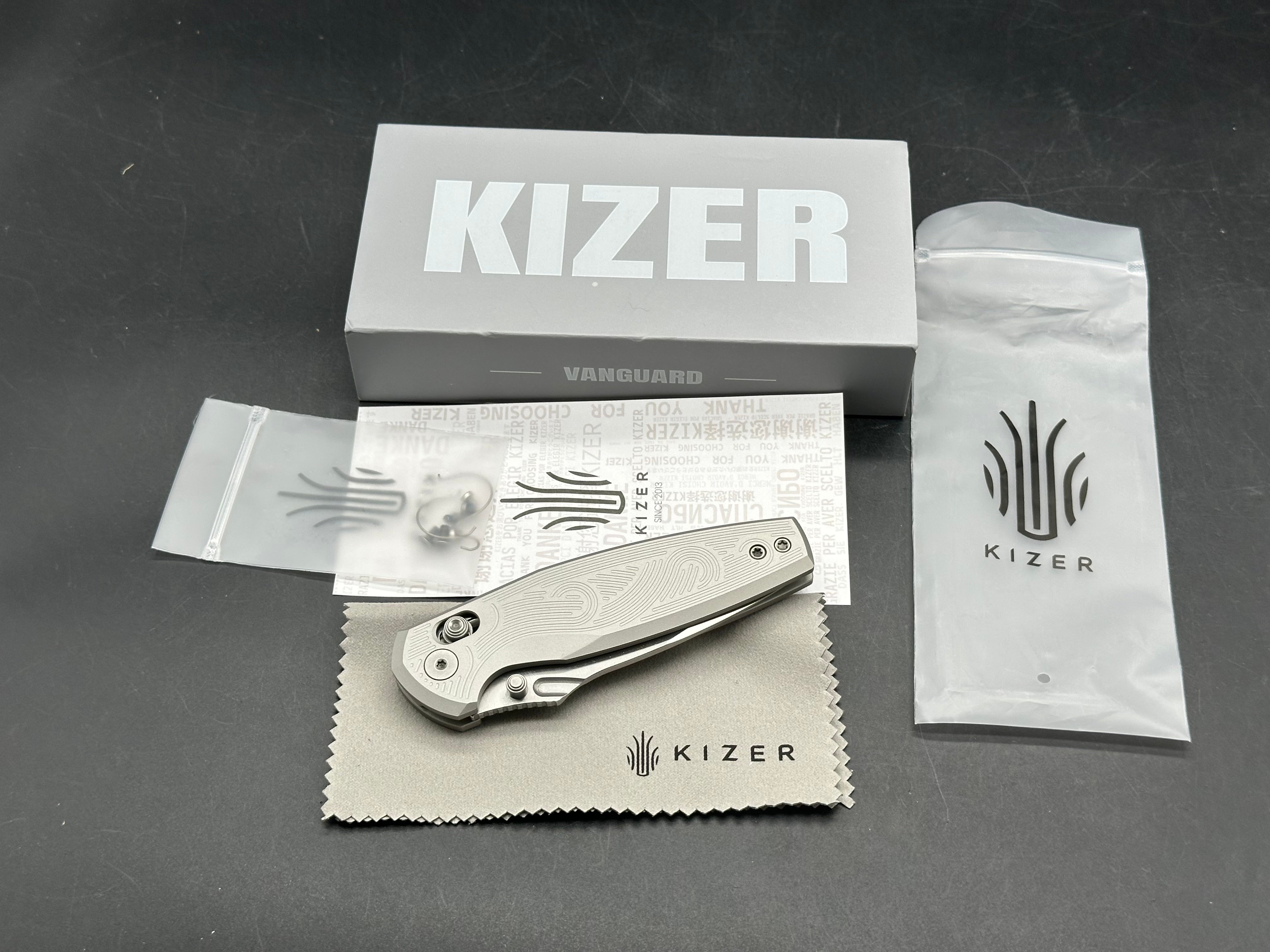 KIZER KHAMSIN FOLDING KNIFE SILVER ALUMINUM HANDLE NITRO-V DROP POINT PLAIN EDGE