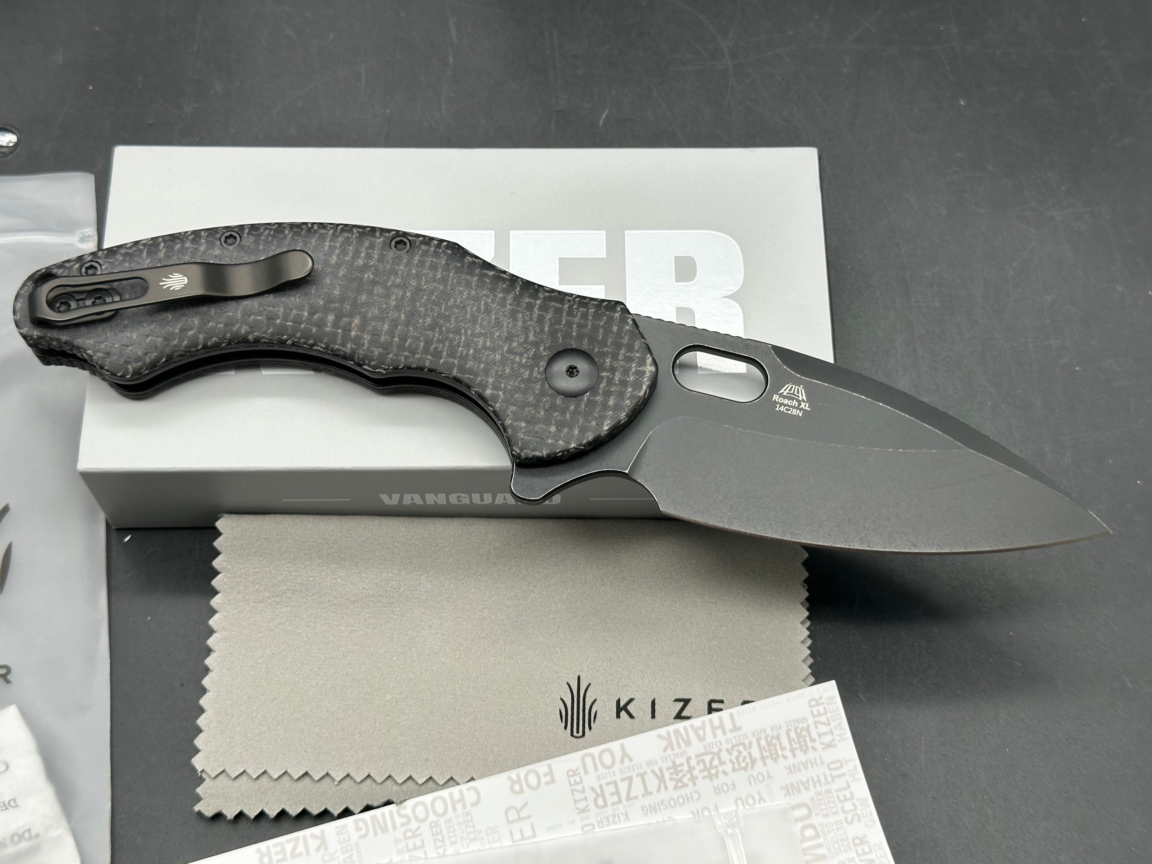 KIZER ROACH XL BLACK MICARTA HANDLE 14C28N DROP POINT PLAIN EDGE