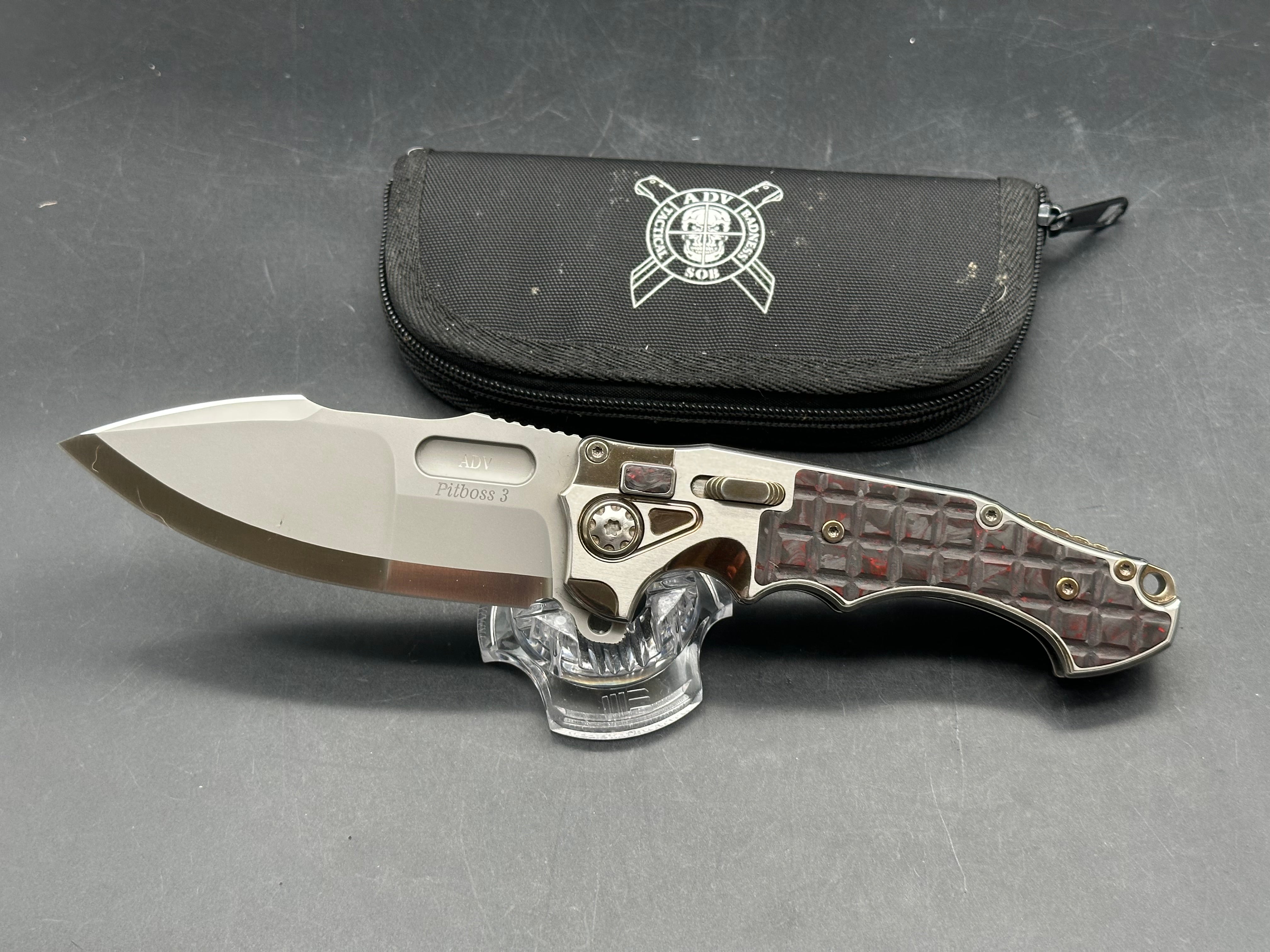 Andre De Villiers ADV Knives Pitboss 3 Large Button Lock Flipper titanium frame w/Red infused carbon fiber inlay - one of one