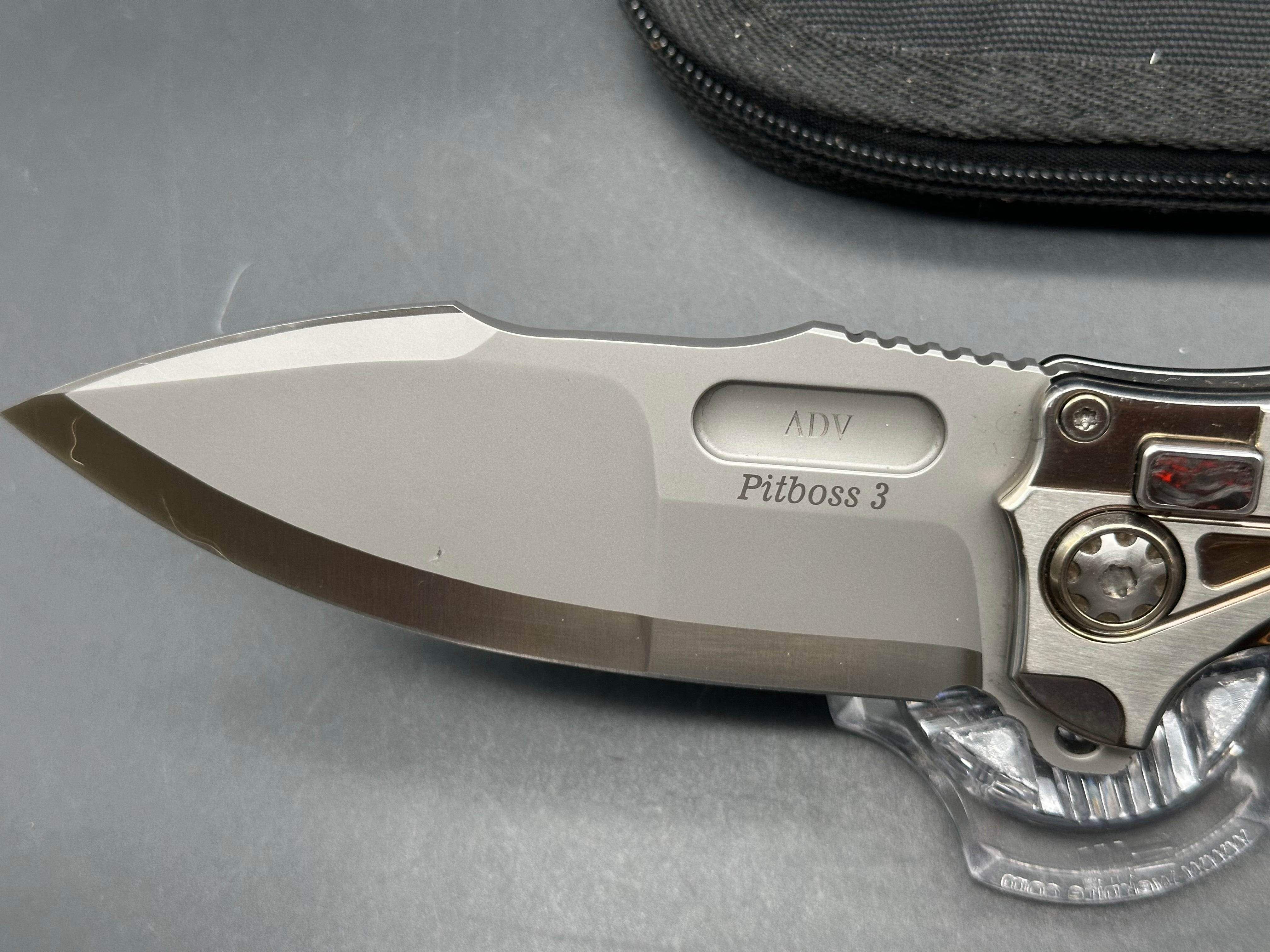 Andre De Villiers ADV Knives Pitboss 3 Large Button Lock Flipper titanium frame w/Red infused carbon fiber inlay - one of one