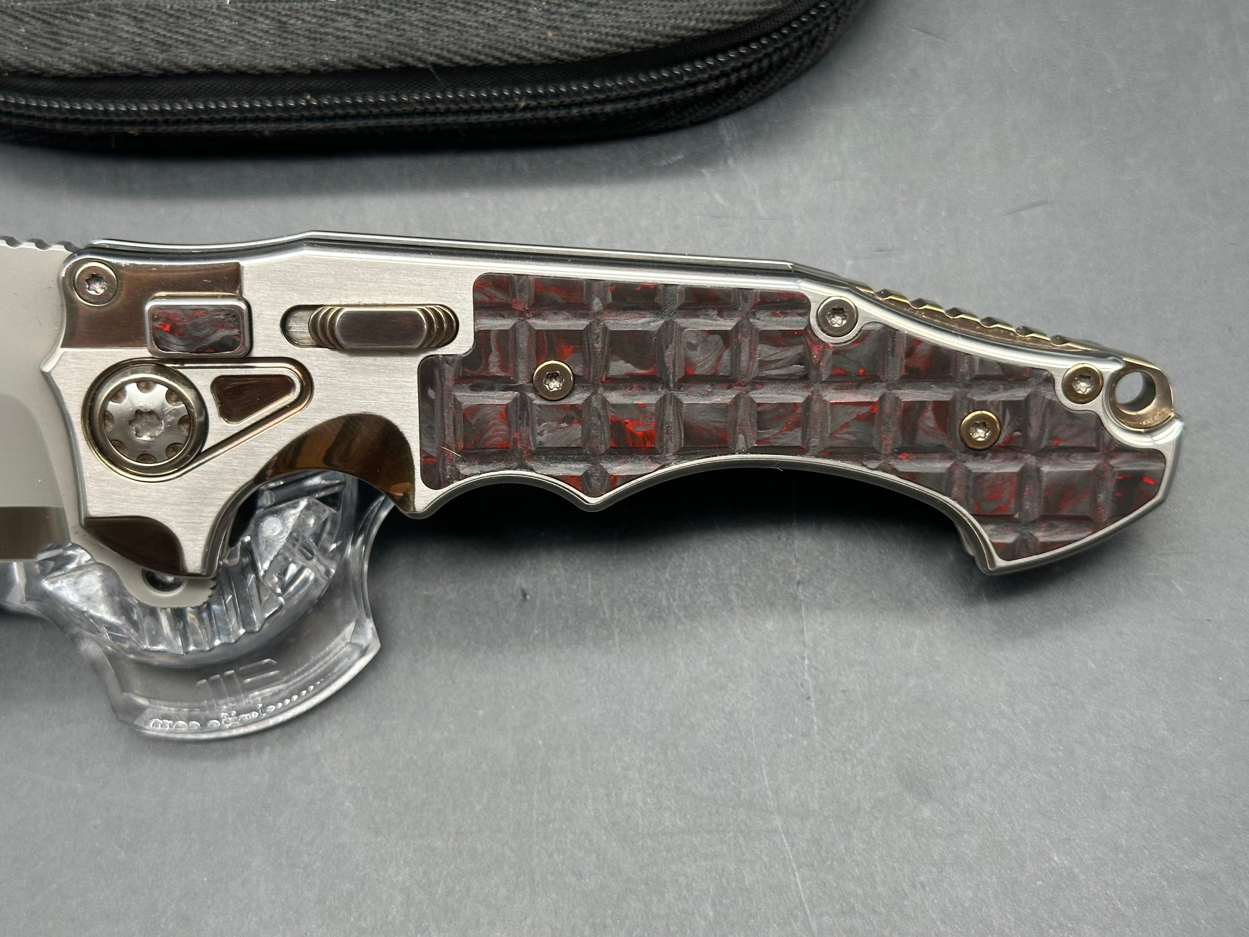 Andre De Villiers ADV Knives Pitboss 3 Large Button Lock Flipper titanium frame w/Red infused carbon fiber inlay - one of one