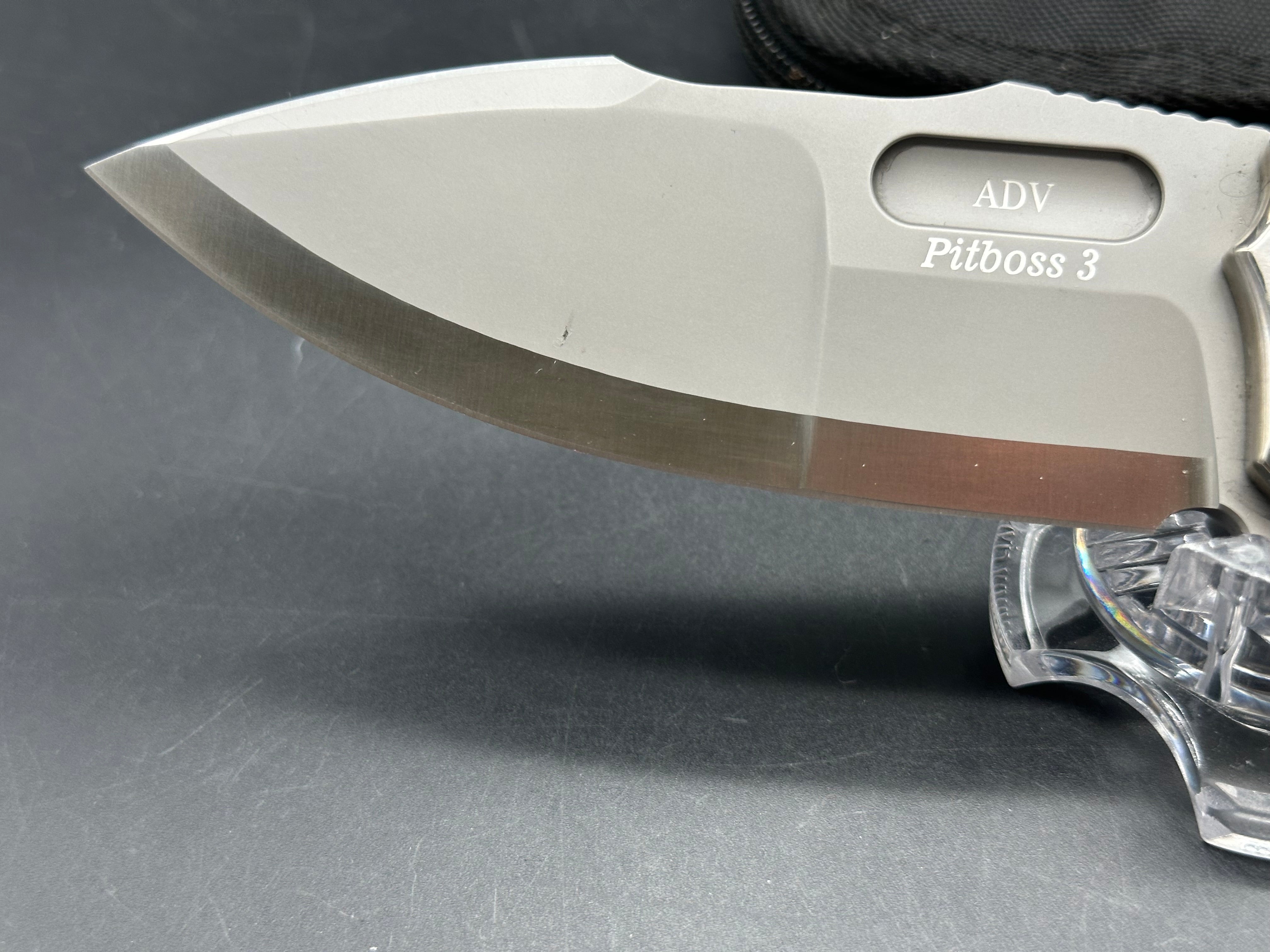 Andre De Villiers ADV Knives Pitboss 3 Large Button Lock Flipper titanium frame w/Red infused carbon fiber inlay - one of one