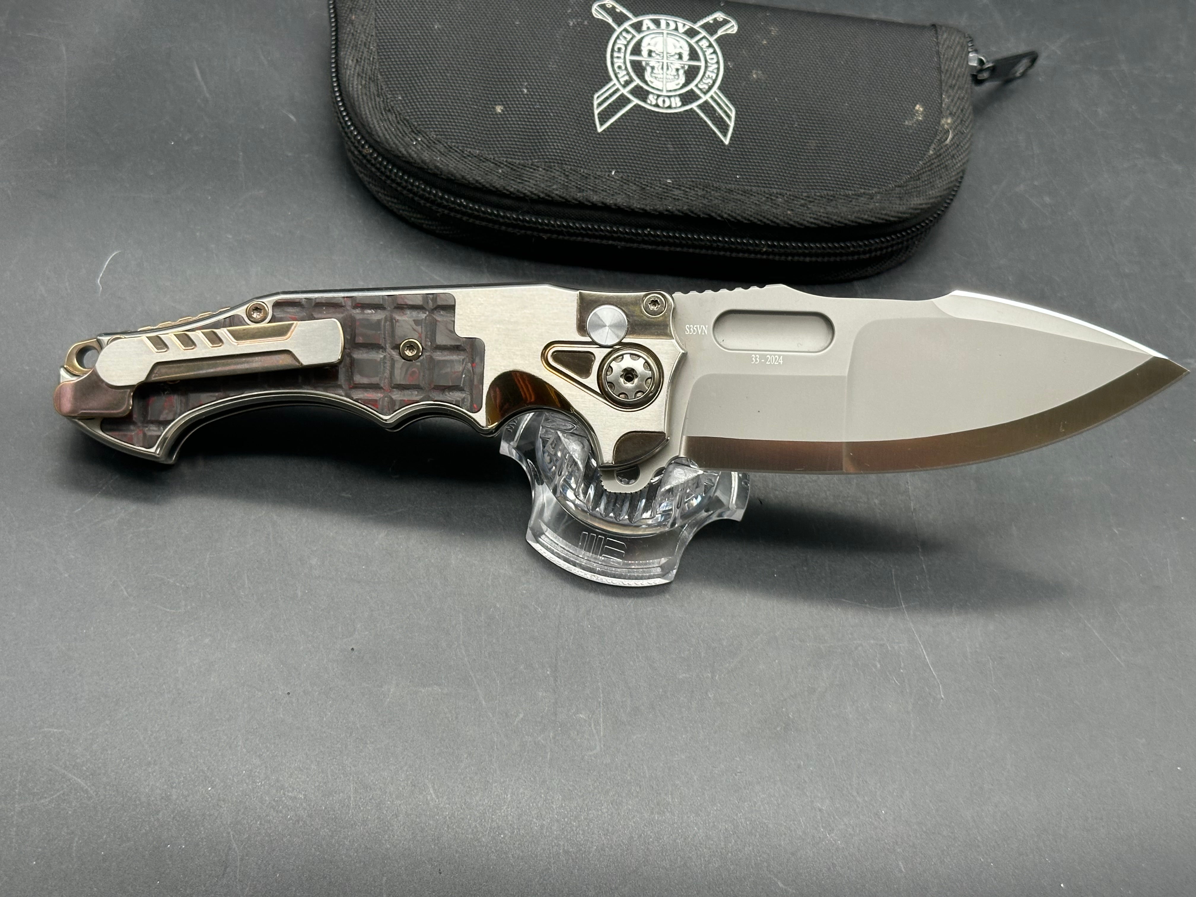 Andre De Villiers ADV Knives Pitboss 3 Large Button Lock Flipper titanium frame w/Red infused carbon fiber inlay - one of one