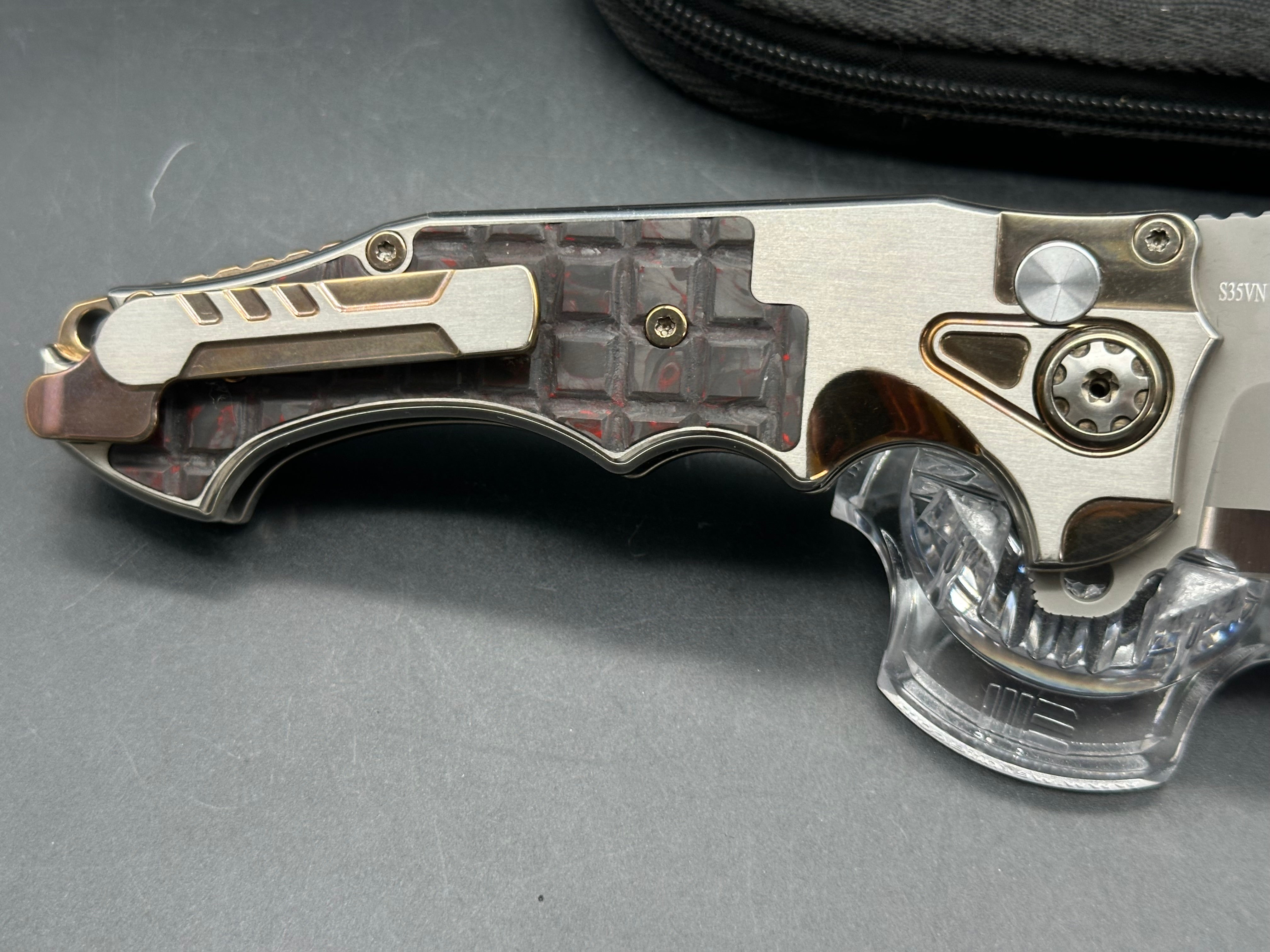 Andre De Villiers ADV Knives Pitboss 3 Large Button Lock Flipper titanium frame w/Red infused carbon fiber inlay - one of one