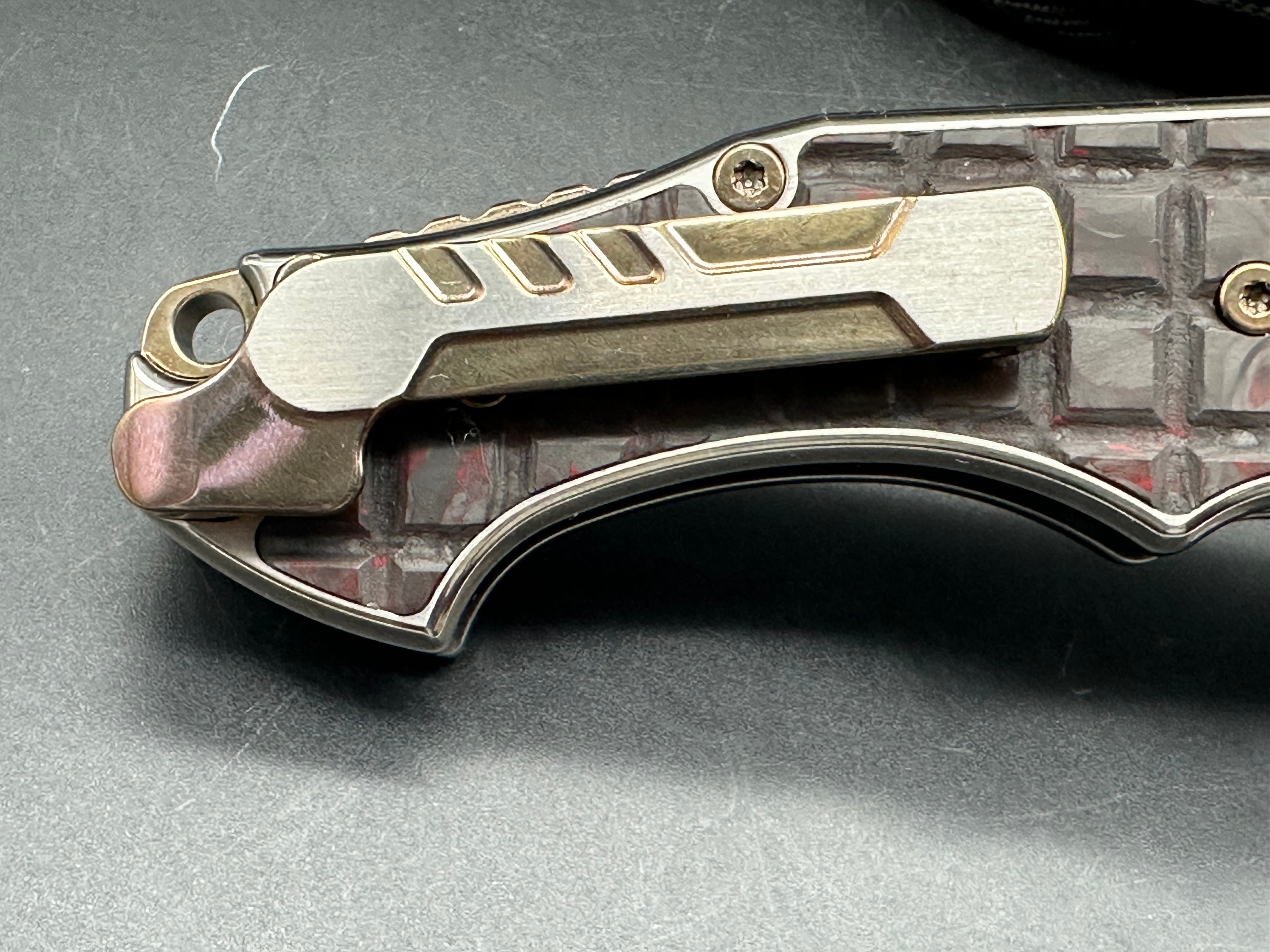 Andre De Villiers ADV Knives Pitboss 3 Large Button Lock Flipper titanium frame w/Red infused carbon fiber inlay - one of one