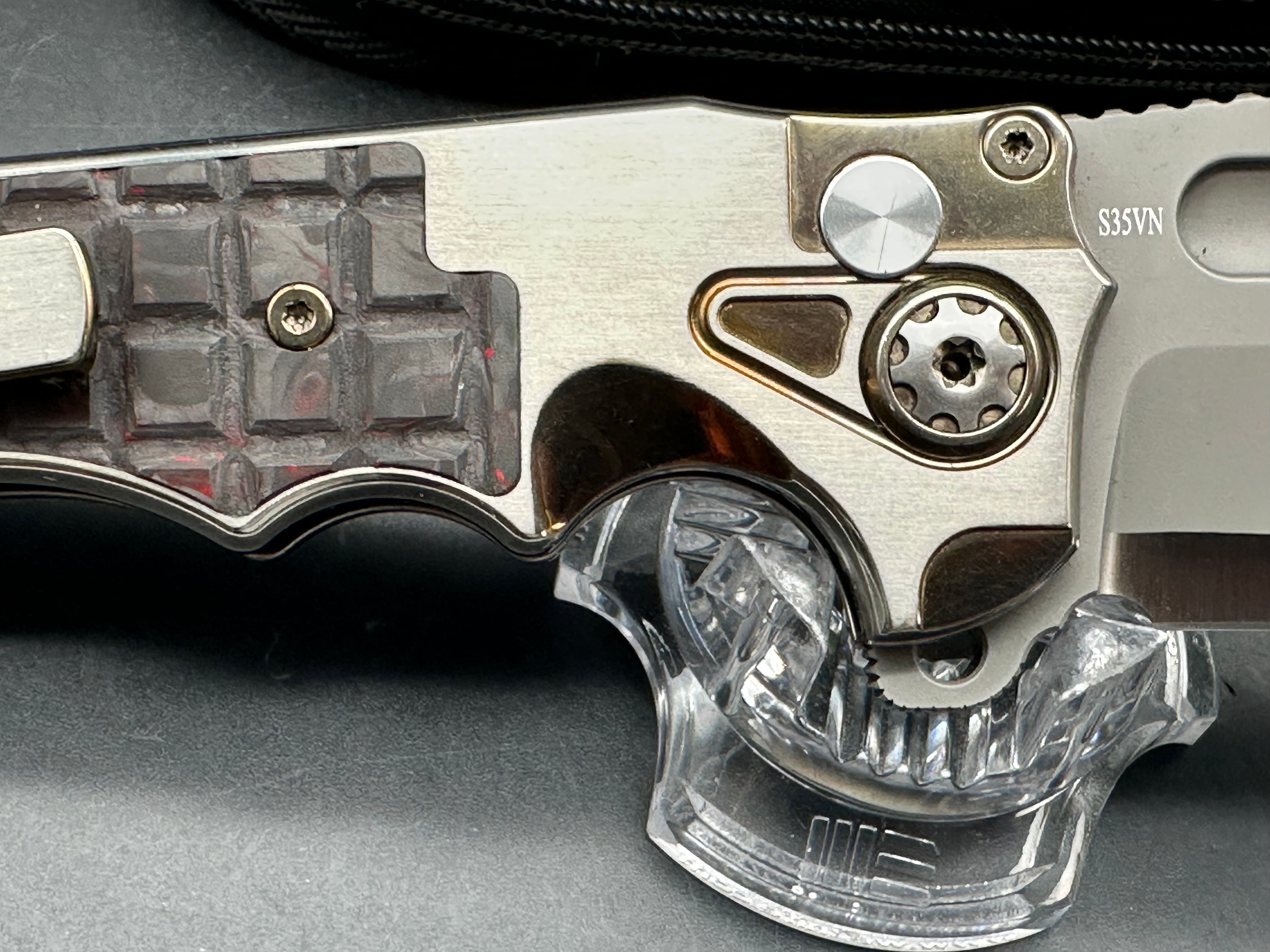 Andre De Villiers ADV Knives Pitboss 3 Large Button Lock Flipper titanium frame w/Red infused carbon fiber inlay - one of one