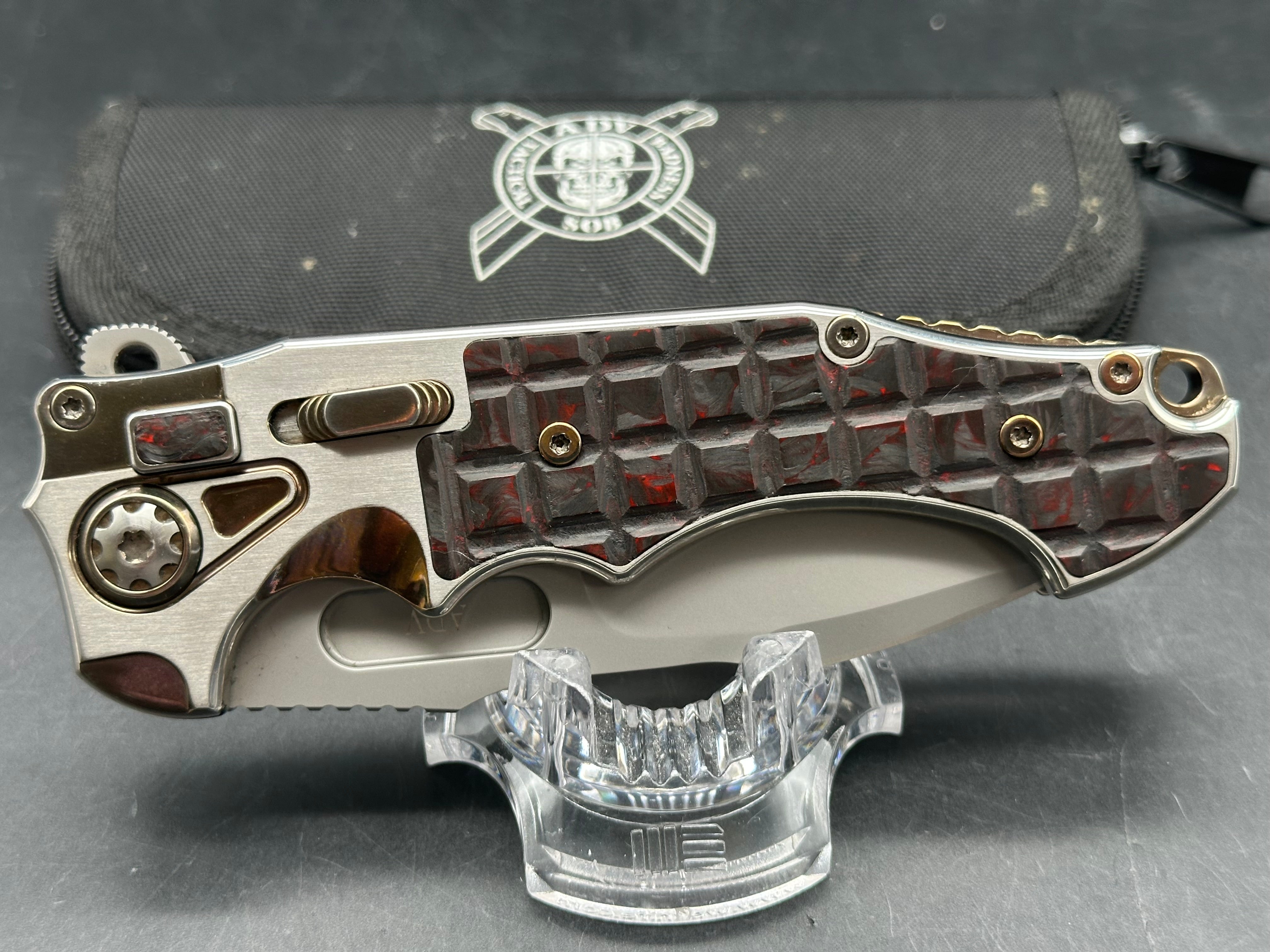 Andre De Villiers ADV Knives Pitboss 3 Large Button Lock Flipper titanium frame w/Red infused carbon fiber inlay - one of one