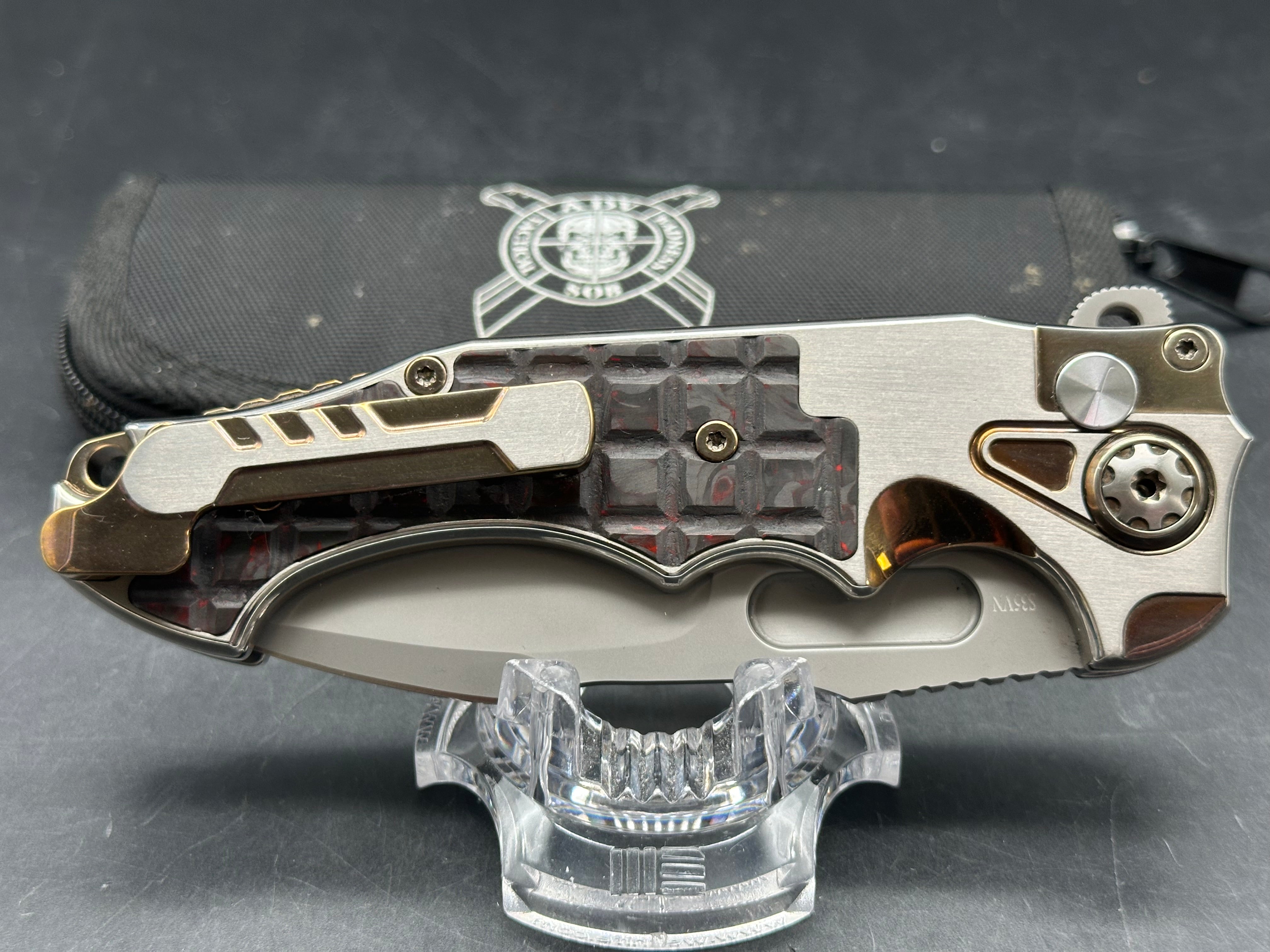 Andre De Villiers ADV Knives Pitboss 3 Large Button Lock Flipper titanium frame w/Red infused carbon fiber inlay - one of one