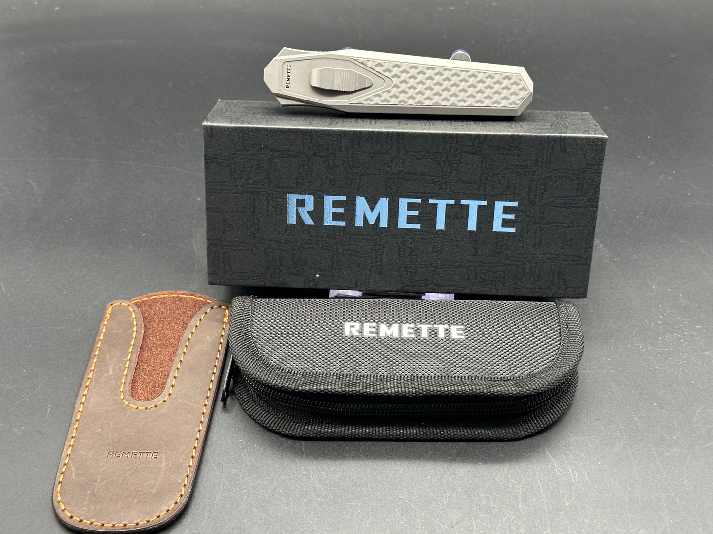 Remette Knives RT Swordfish/Grey Ti Handle w/ Copper Foil Fat Carbon Inlay/Tanto/M390