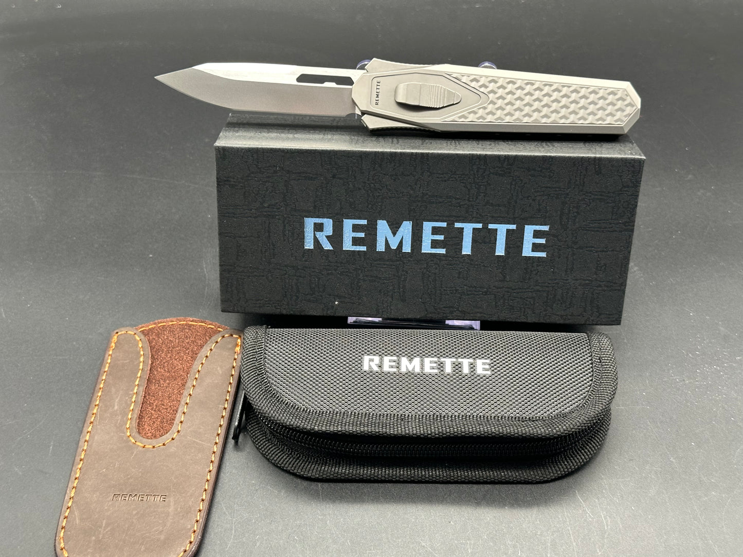 Remette Knives RT Swordfish/Grey Ti Handle w/ Copper Foil Fat Carbon Inlay/Tanto/M390