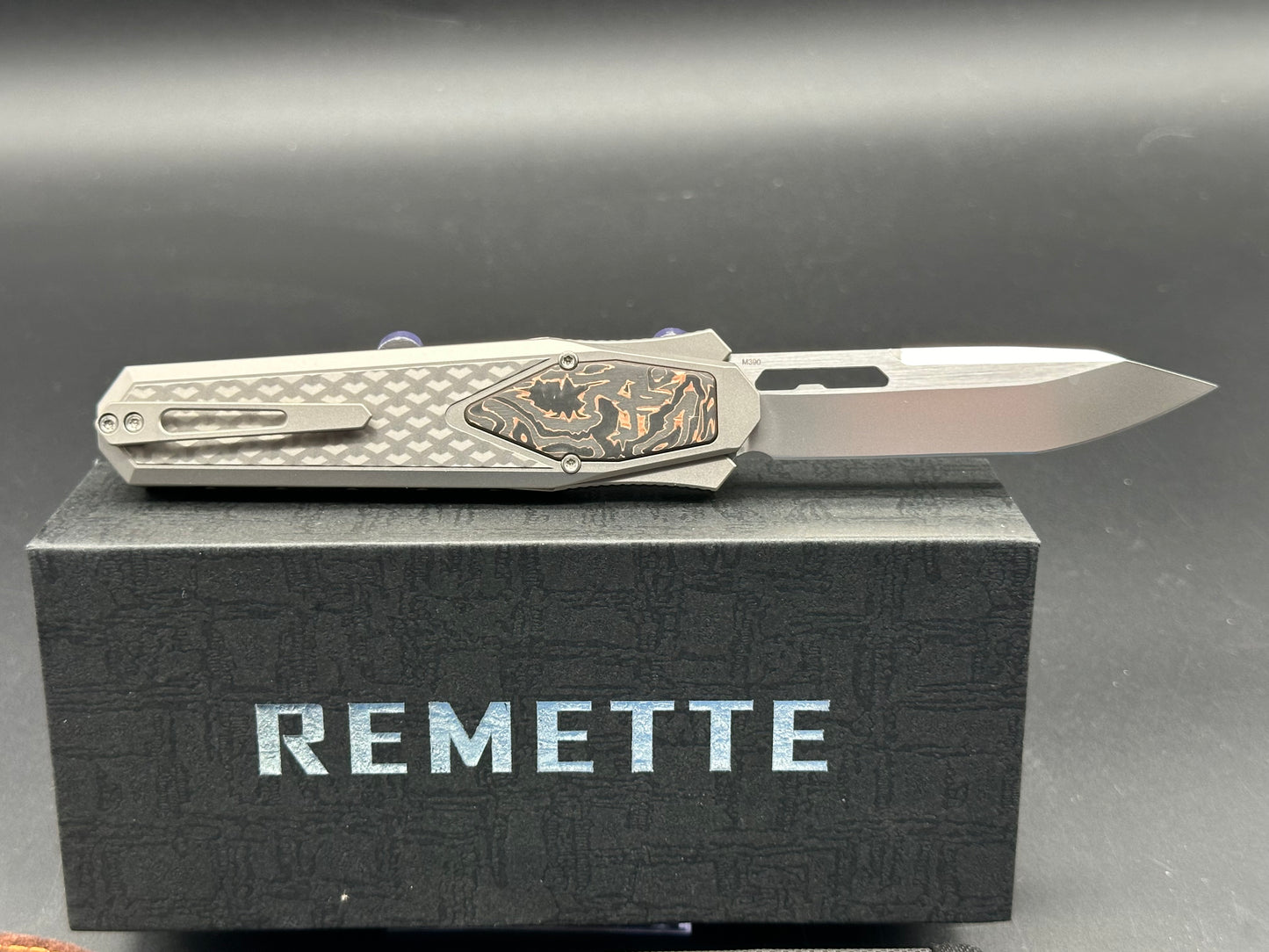 Remette Knives RT Swordfish/Grey Ti Handle w/ Copper Foil Fat Carbon Inlay/Tanto/M390