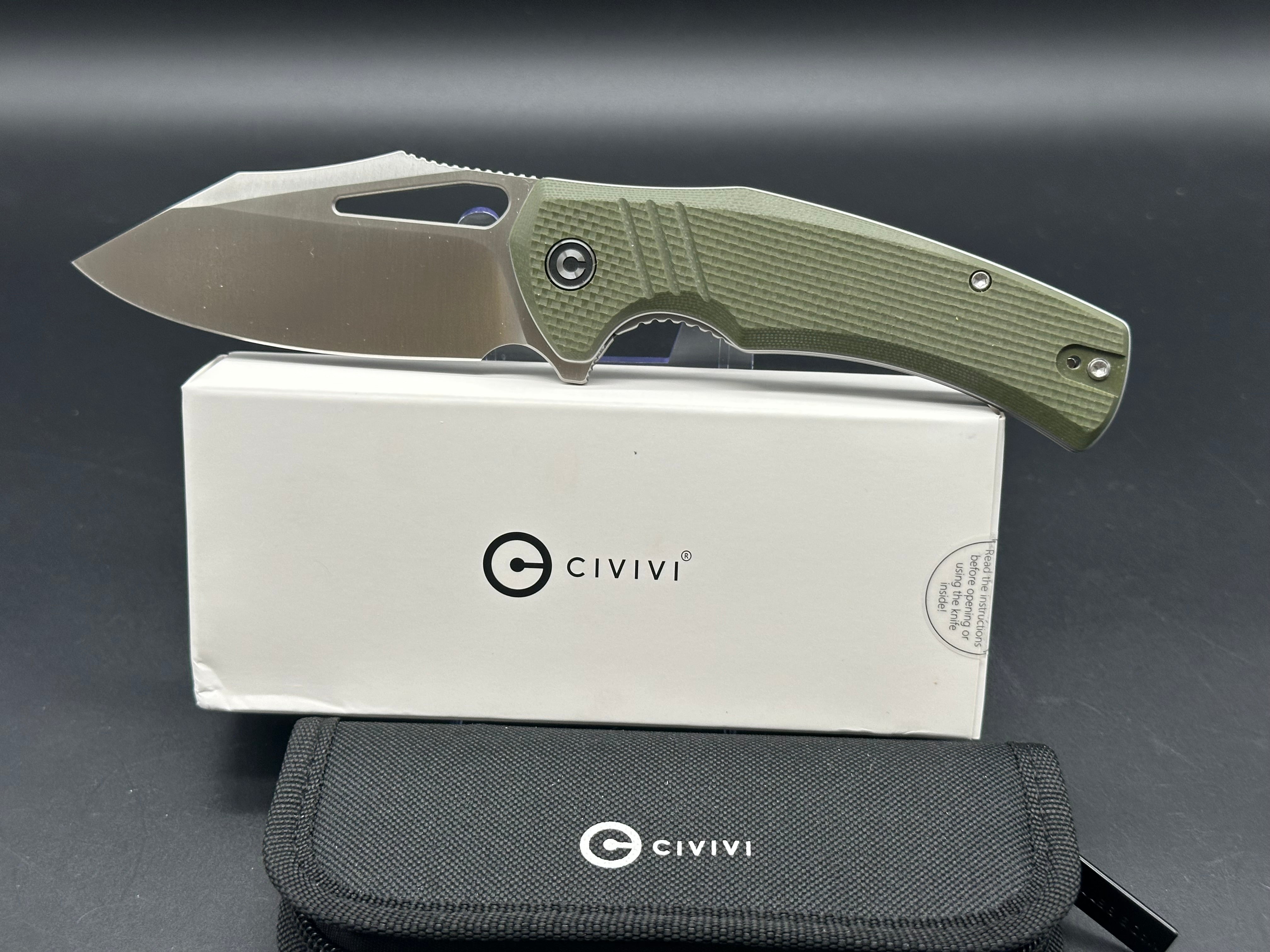 CIVIVI BULLTUSK FOLDING KNIFE OD GREEN COARSE G10 HANDLE 14C28N CLIP POINT PLAIN EDGE