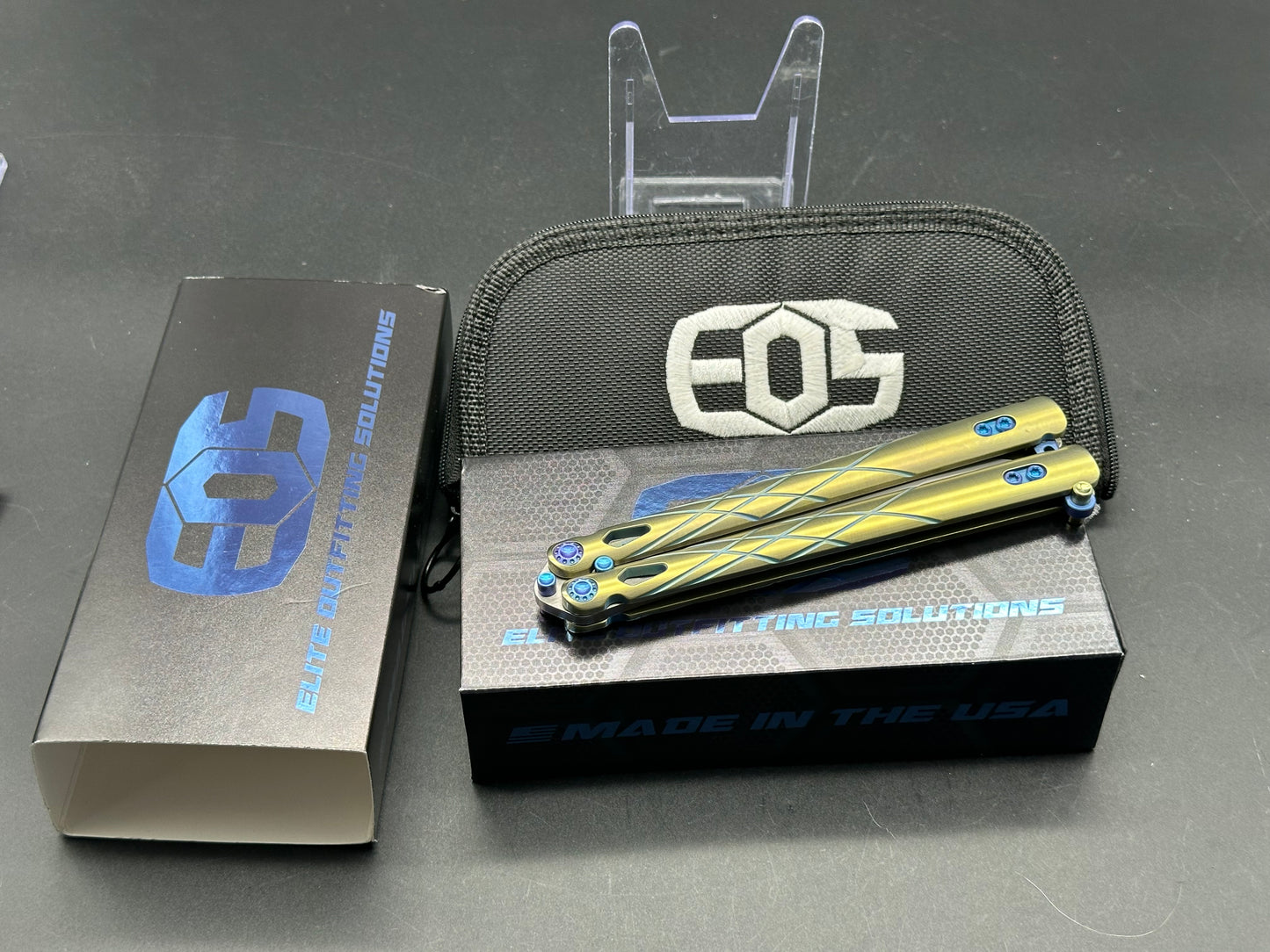 EOS Villian Balisong/Gold Ti Handles Blue Latch Hardware/Recurve Tanto/Sasha Satin CPM-S30V