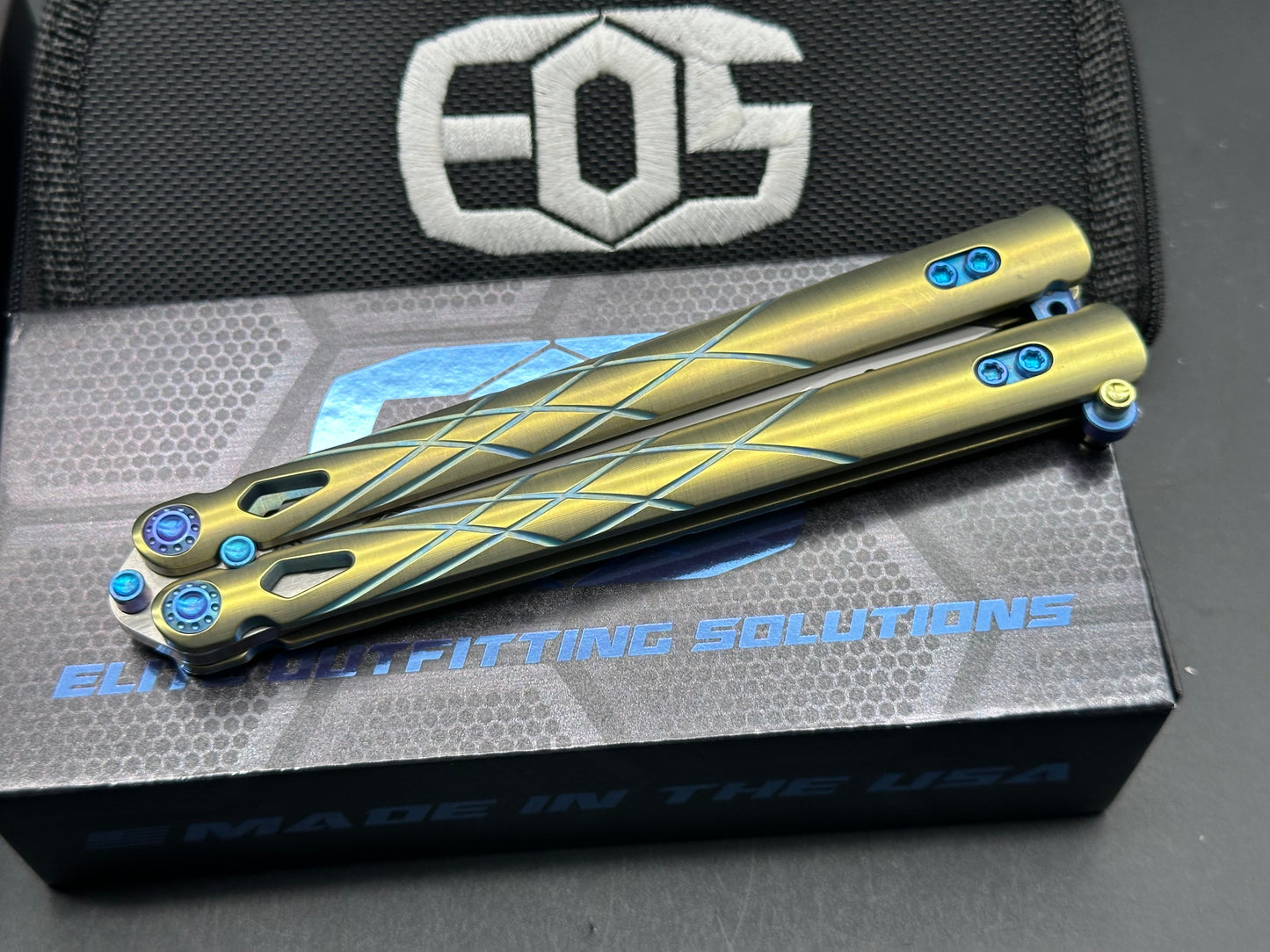 EOS Villian Balisong/Gold Ti Handles Blue Latch Hardware/Recurve Tanto/Sasha Satin CPM-S30V