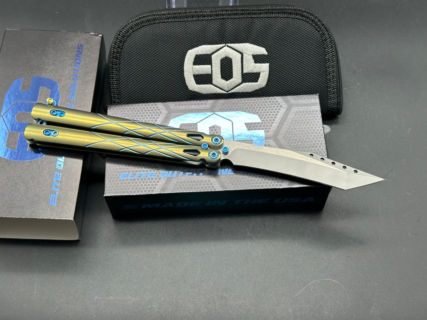 EOS Villian Balisong/Gold Ti Handles Blue Latch Hardware/Recurve Tanto/Sasha Satin CPM-S30V