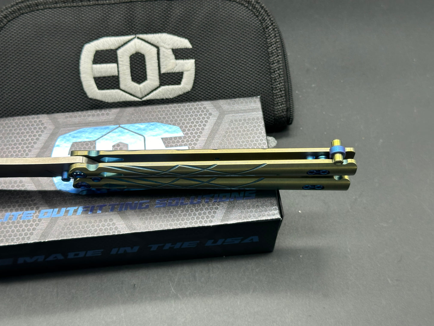 EOS Villian Balisong/Gold Ti Handles Blue Latch Hardware/Recurve Tanto/Sasha Satin CPM-S30V