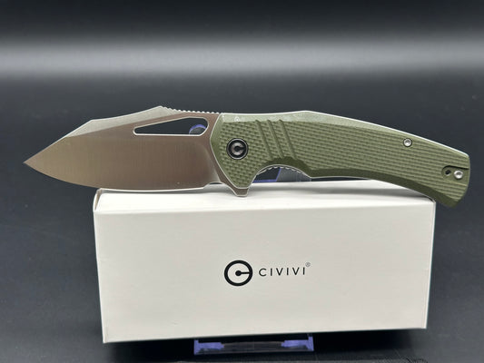 CIVIVI BULLTUSK FOLDING KNIFE OD GREEN COARSE G10 HANDLE 14C28N CLIP POINT PLAIN EDGE SATIN