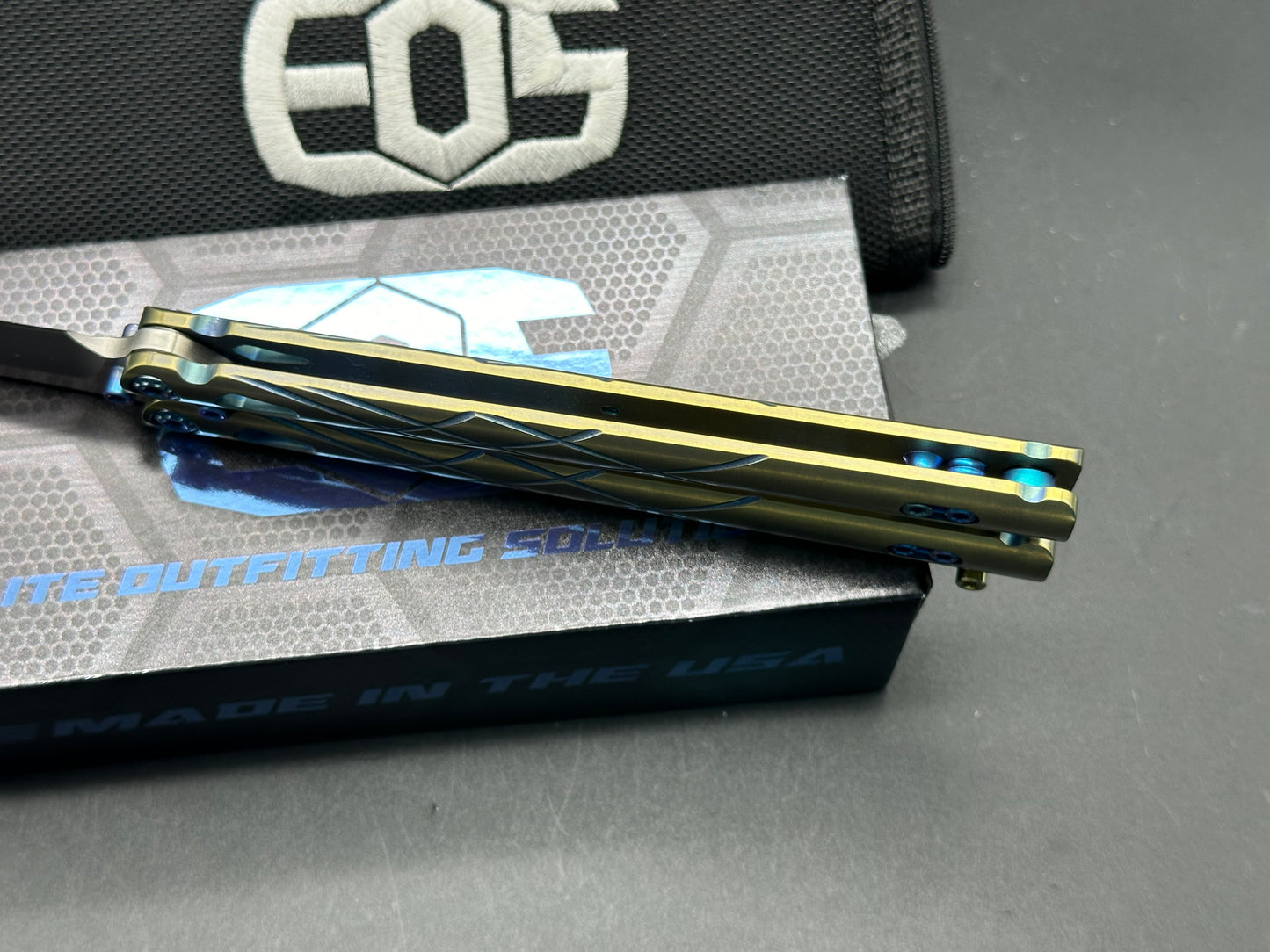 EOS Villian Balisong/Gold Ti Handles Blue Latch Hardware/Recurve Tanto/Sasha Satin CPM-S30V