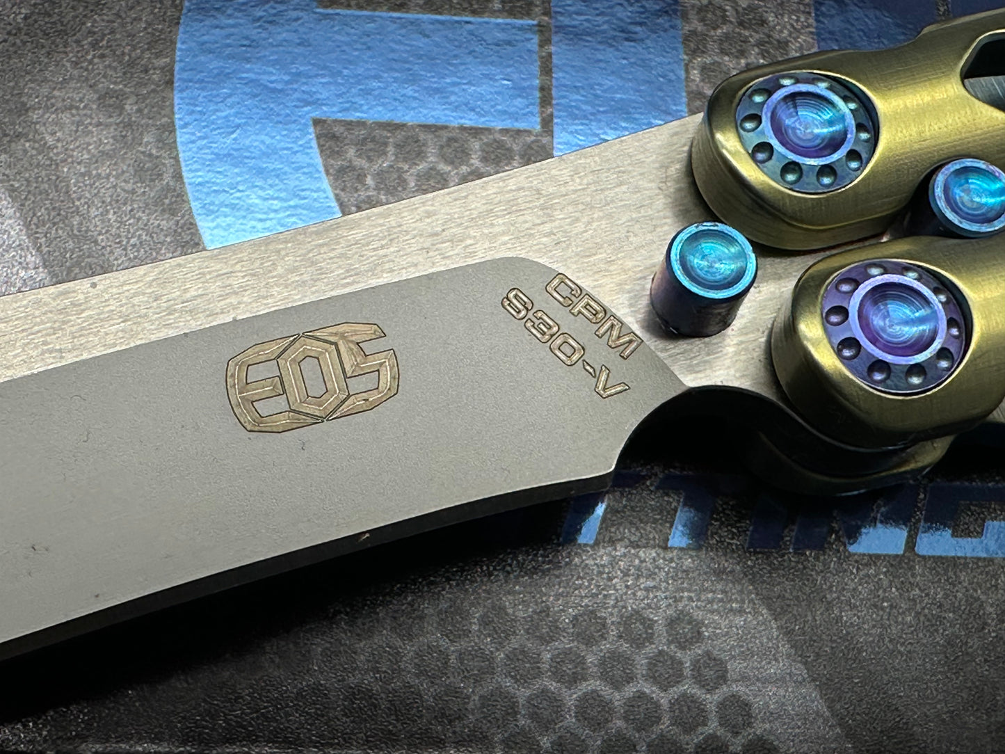 EOS Villian Balisong/Gold Ti Handles Blue Latch Hardware/Recurve Tanto/Sasha Satin CPM-S30V