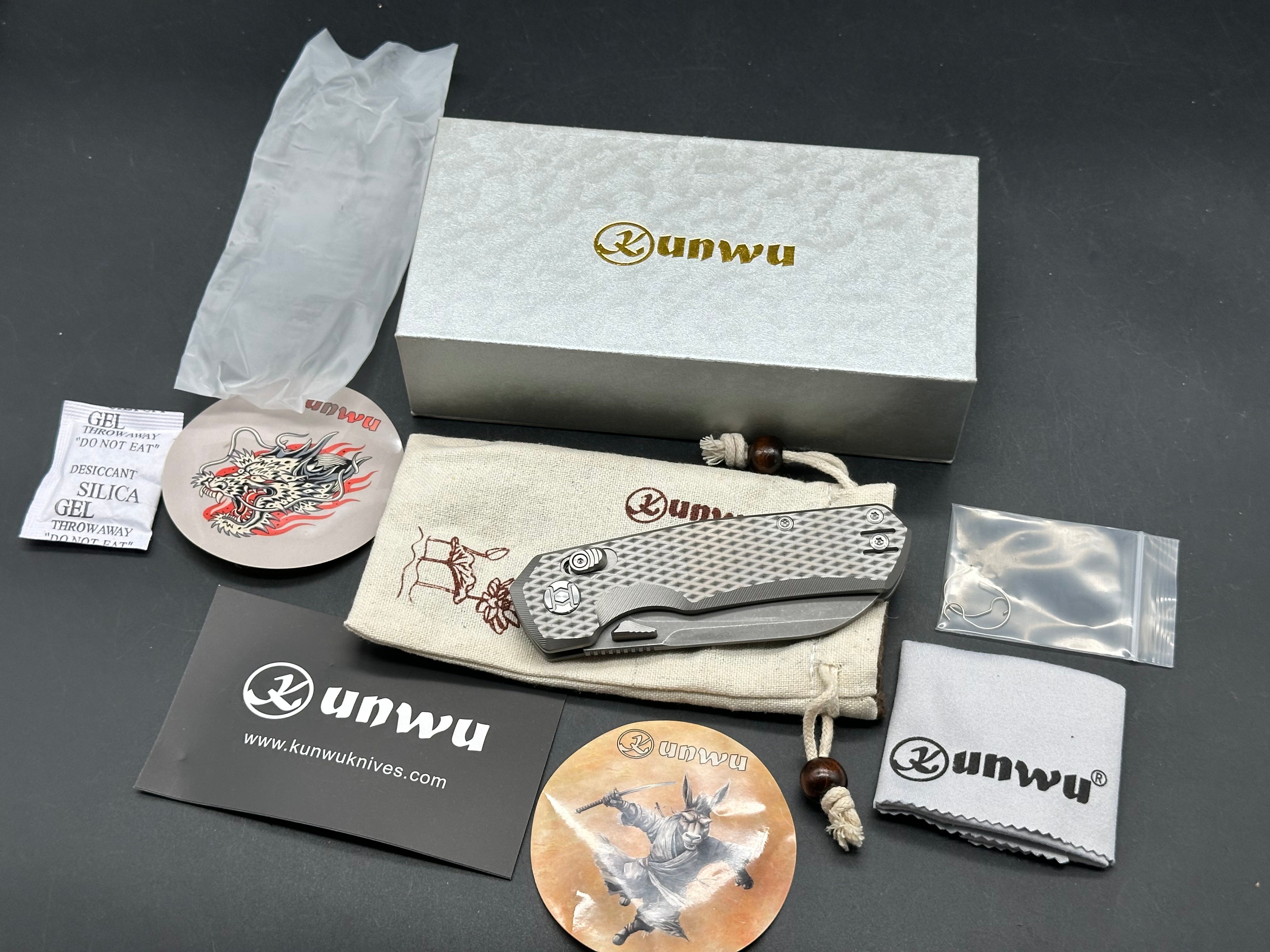 KUNWU COMPACT CHAD FOLDING KNIFE GREY TITANIUM HANDLE PM60 PLAIN EDGE STONEWASH