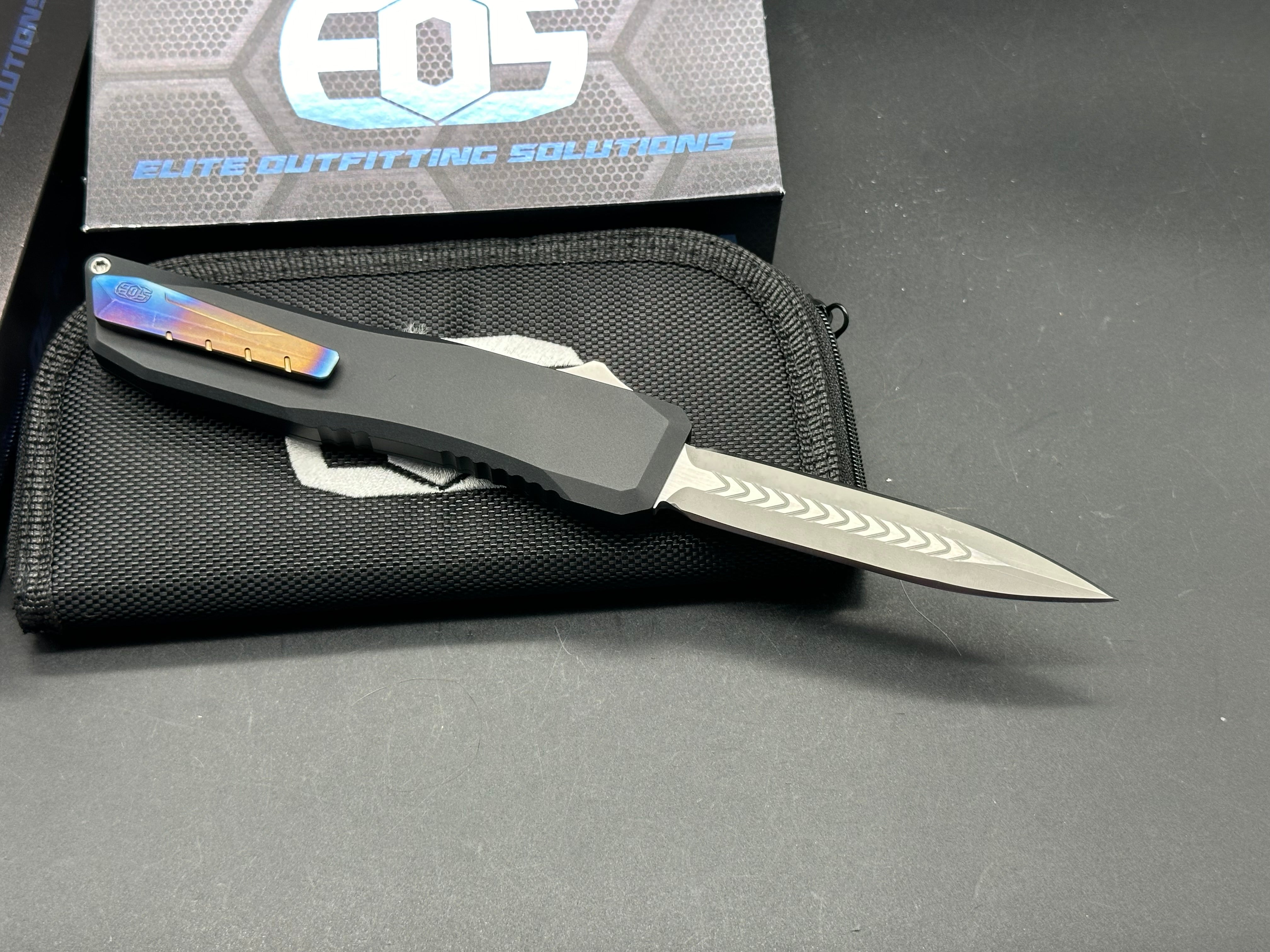 EOS Harpoon OTF 3.75"/Black & Hex Silver Frame Flamed Ti Clip/Dagger CPM-20CV