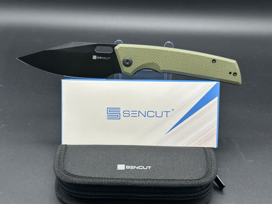 SENCUT GLIDESTRIKE FOLDING KNIFE COARSE OD GREEN G10 HANDLE 9CR18MOV CLIP POINT PLAIN BLACK BLADE