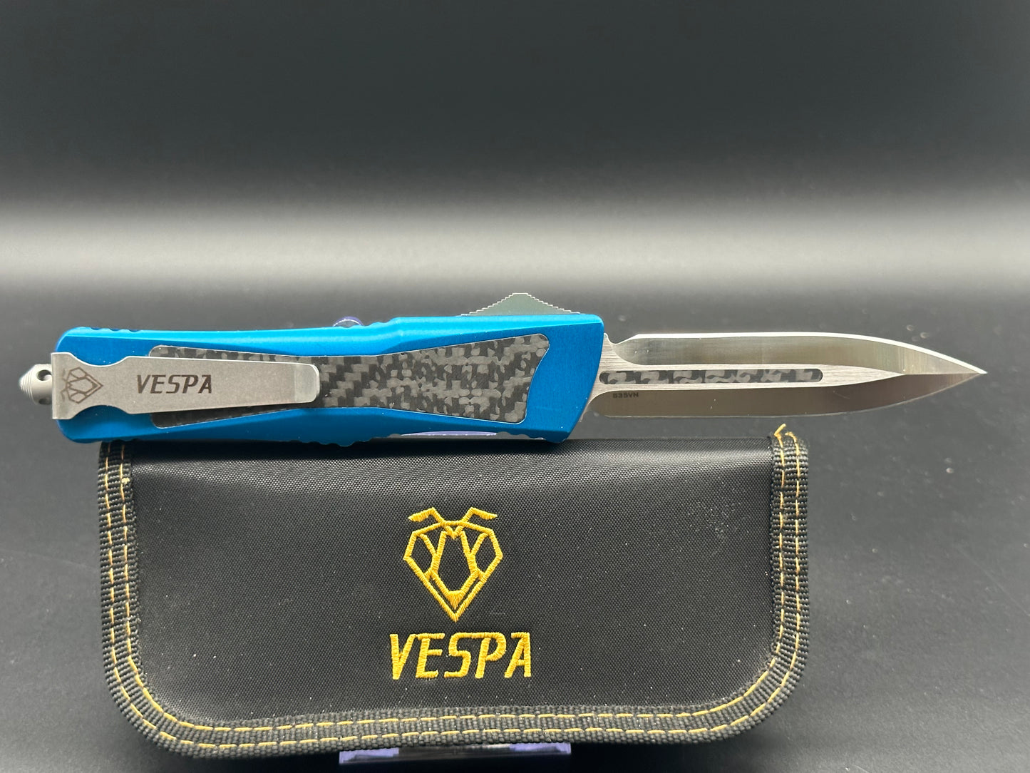 Vespa OTF blue aluminum/CF handle w/S35VN blade