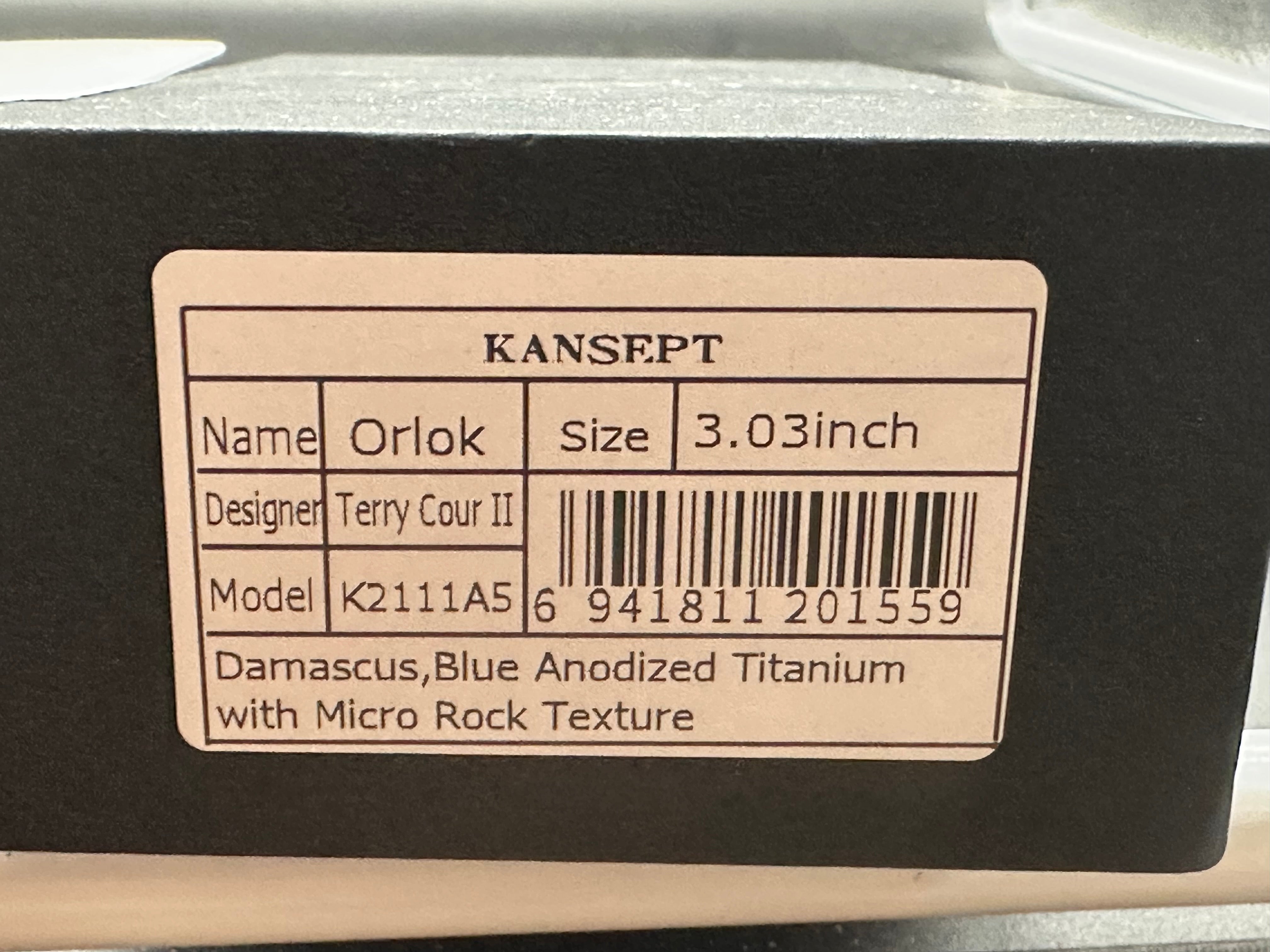 KANSEPT ORLOK FOLDING KNIFE BLUE TITANIUM HANDLE DAMASCUS PLAIN EDGE