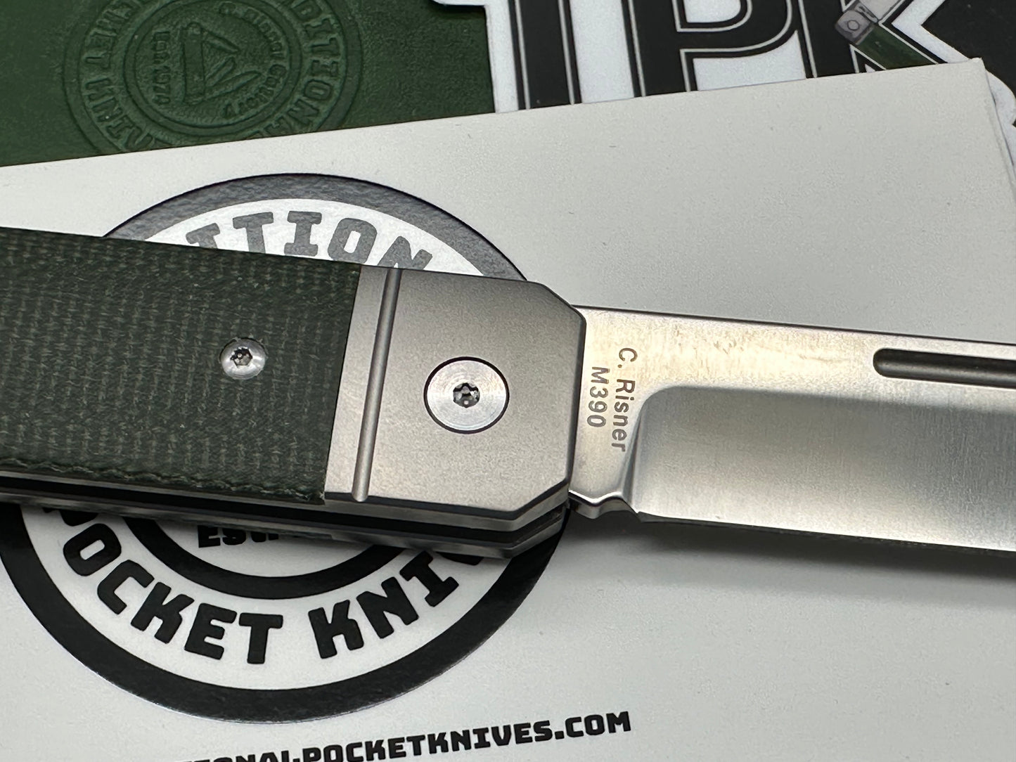 C. Risner/QSP Ohio River Jack Slip Joint, 3" M390 Blade with Titanium and Green Micarta Handle