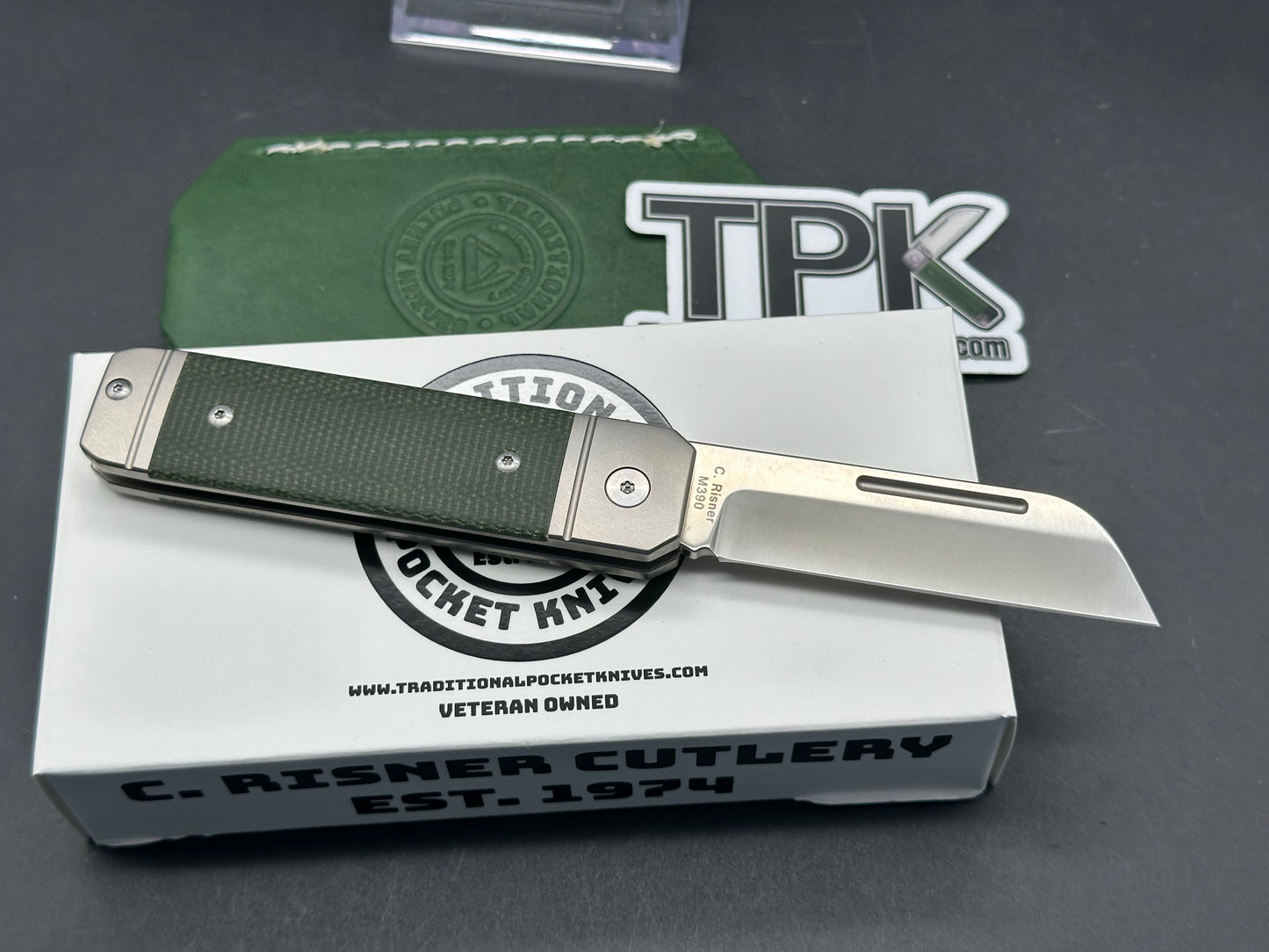 C. Risner/QSP Ohio River Jack Slip Joint, 3" M390 Blade with Titanium and Green Micarta Handle