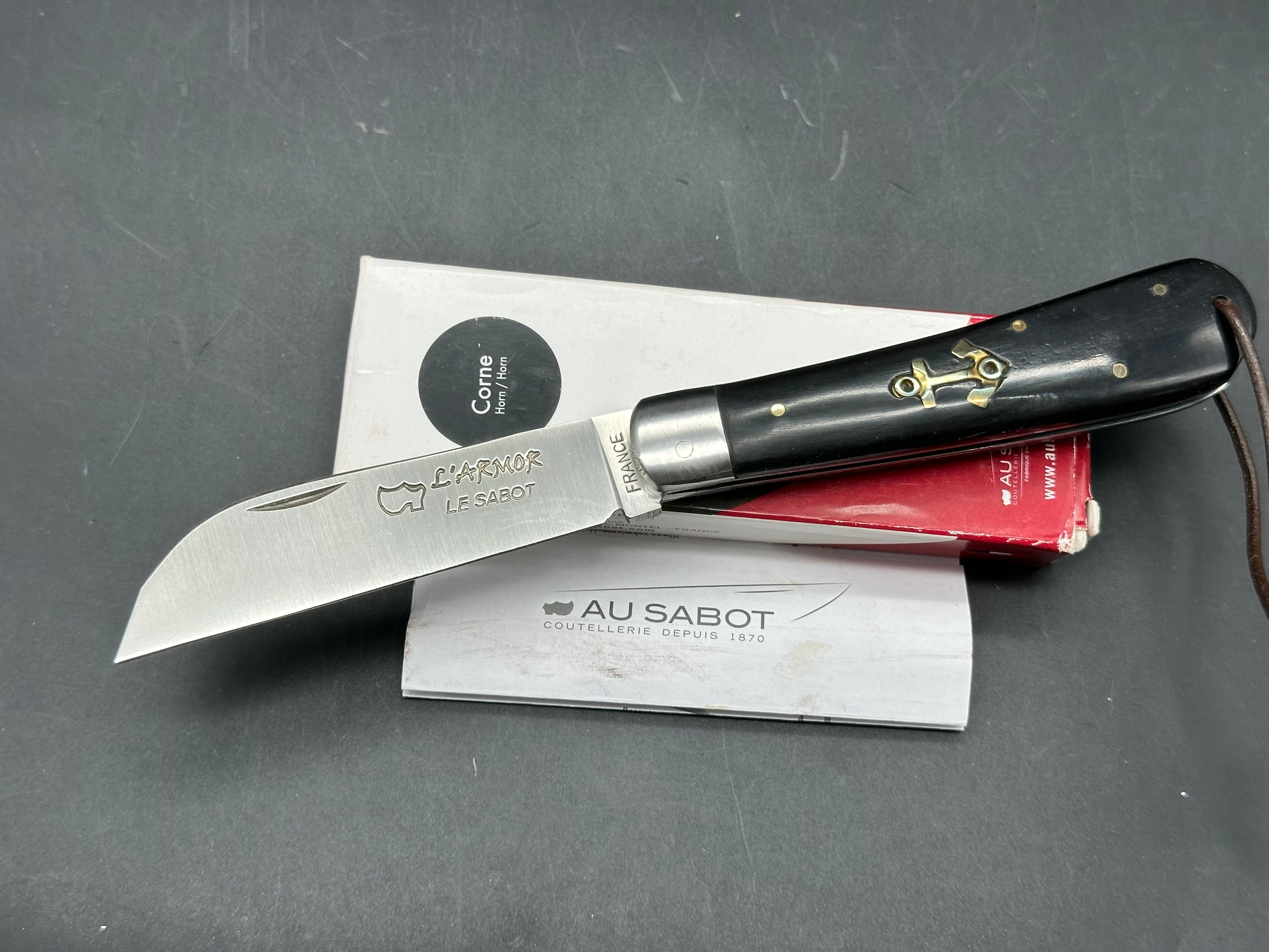 AU SABOT ANCHOR KNIFE 12C27 SHEEPSFOOT STEEL BLADE HORN HANDLE